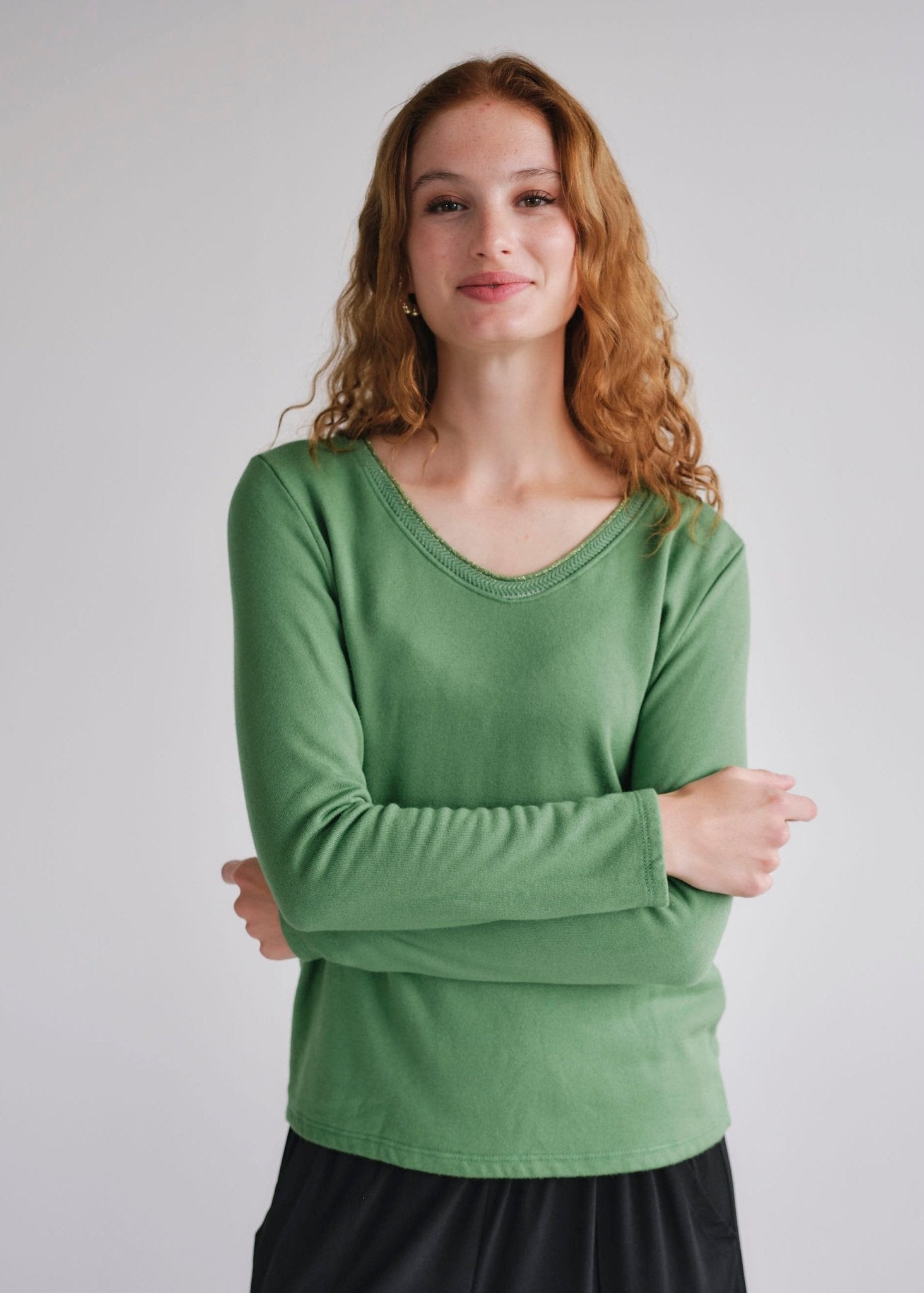View our Winter V Neck with Gold Trim in Green - by Tribute Store