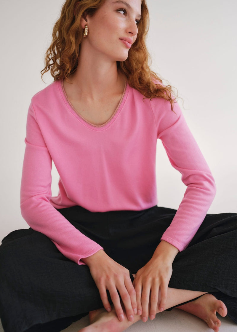 View our Winter V Neck with Gold Trim in Pink - by Tribute Store