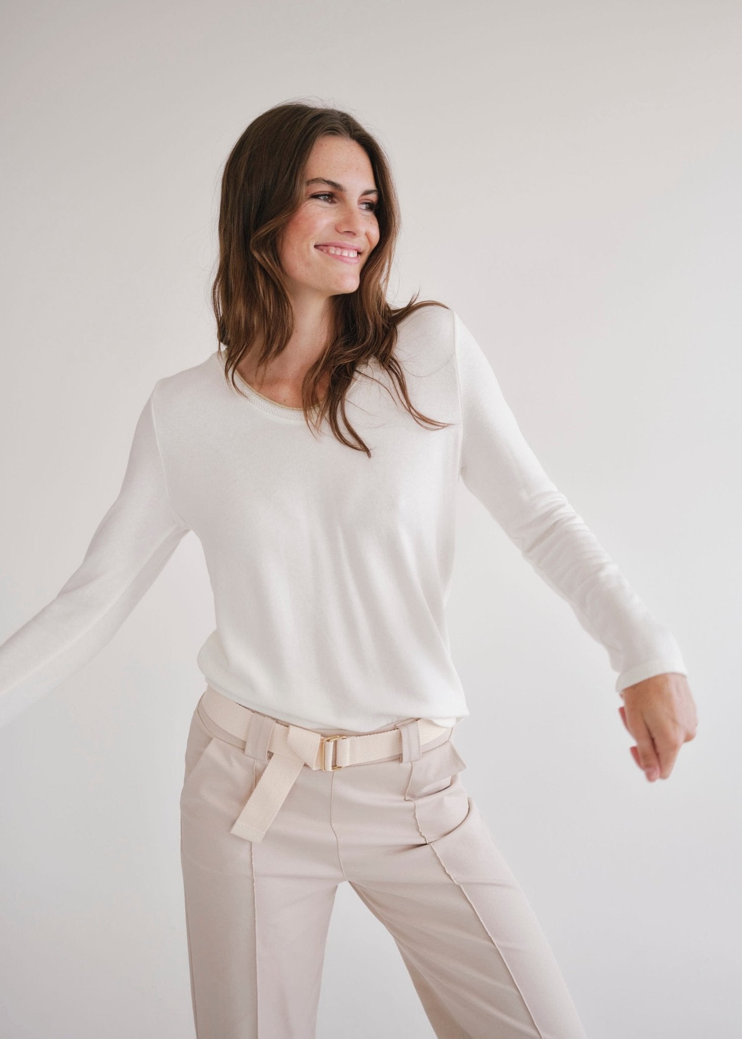 View our Winter V Neck with Gold Trim in White - by Tribute Store