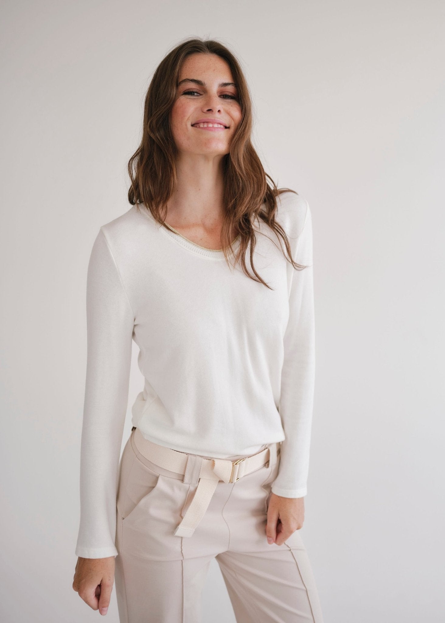 View our Winter V Neck with Gold Trim in White - by Tribute Store
