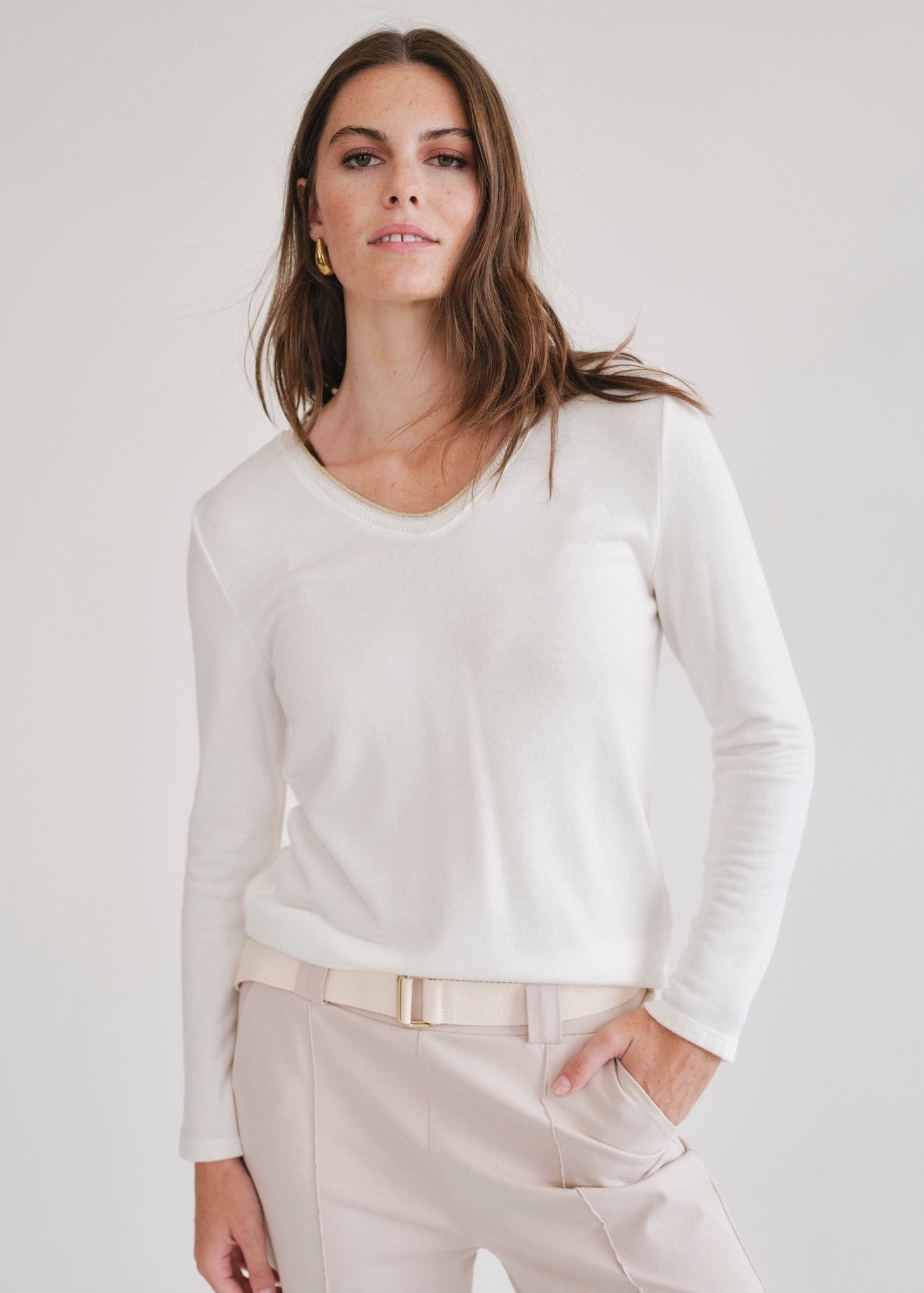 View our Winter V Neck with Gold Trim in White - by Tribute Store