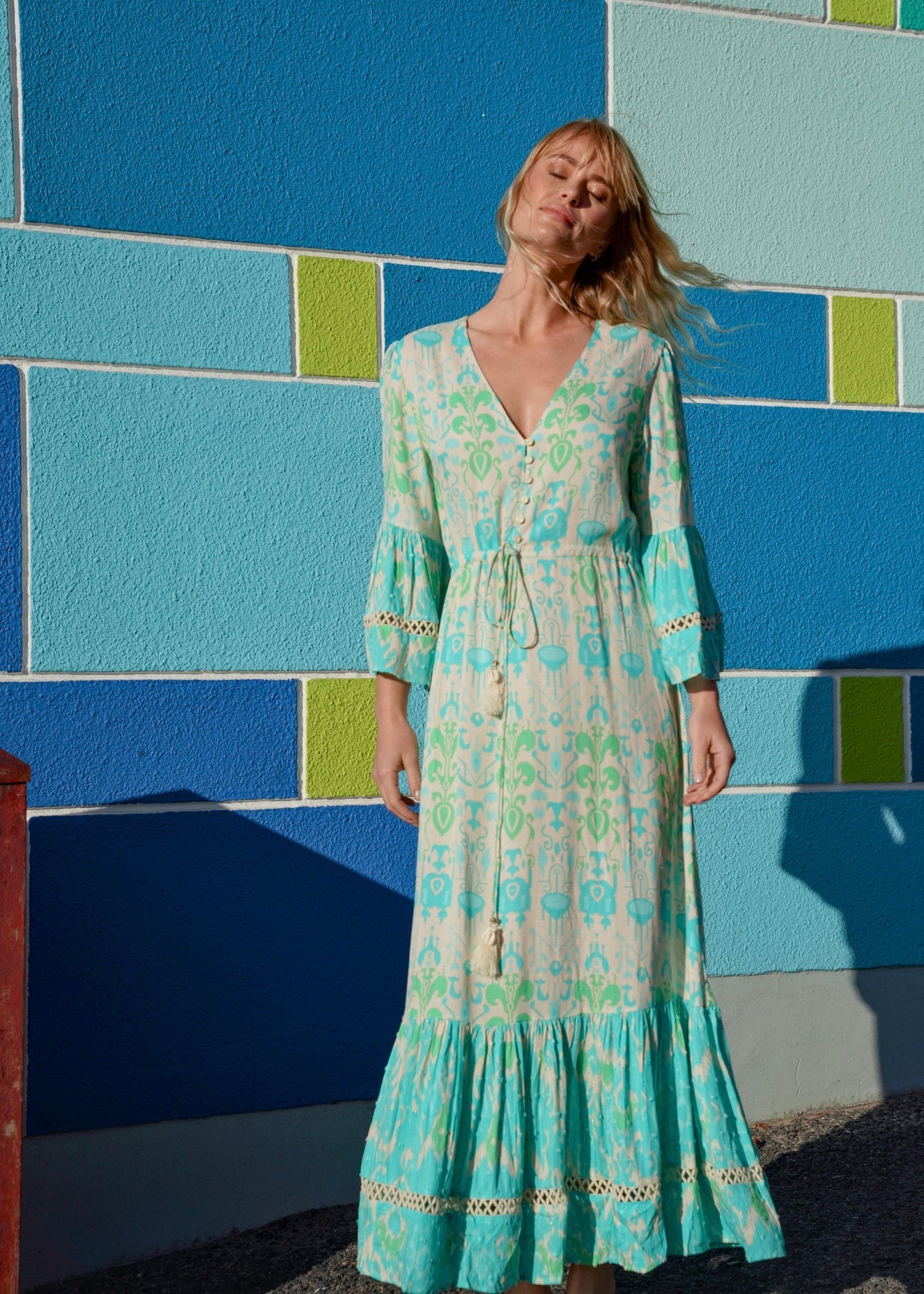 View our Zana Bohemian Maxi Dress with Drawstring At Waist in Turquoise - by Tribute Store