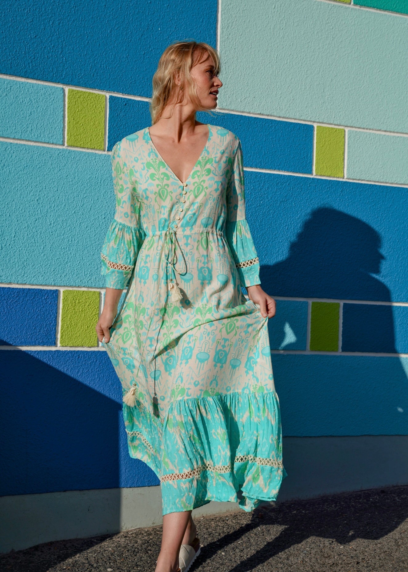 View our Zana Bohemian Maxi Dress with Drawstring At Waist in Turquoise - by Tribute Store