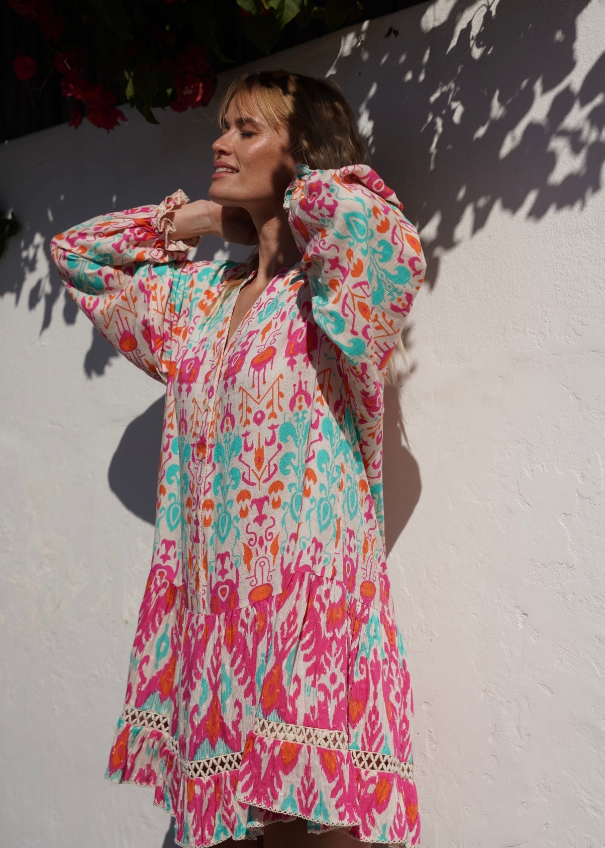 View our Zana Bright Pink And Turquoise Mini Dress With Mandarin Collar - by Tribute Store