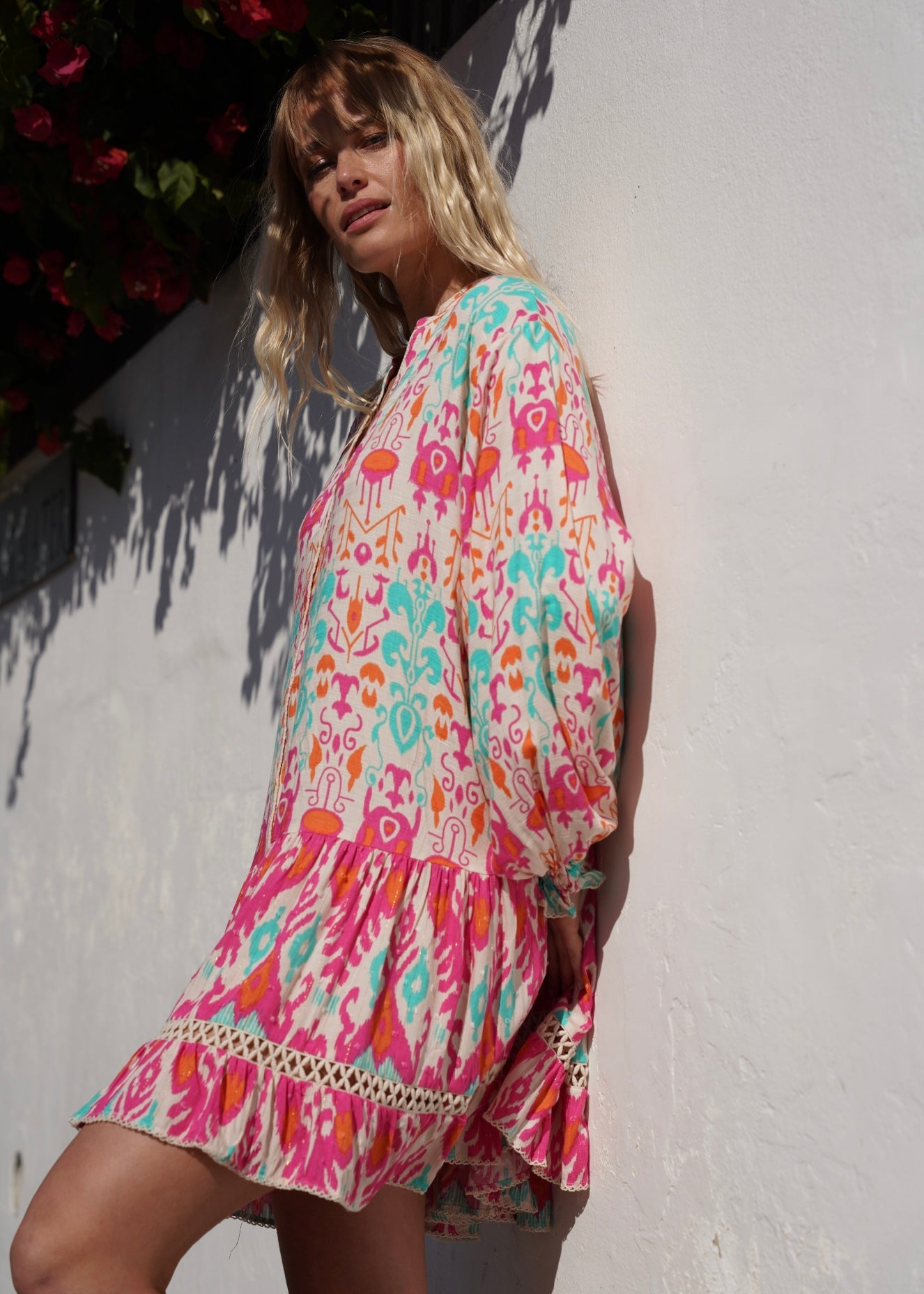 View our Zana Bright Pink And Turquoise Mini Dress With Mandarin Collar - by Tribute Store