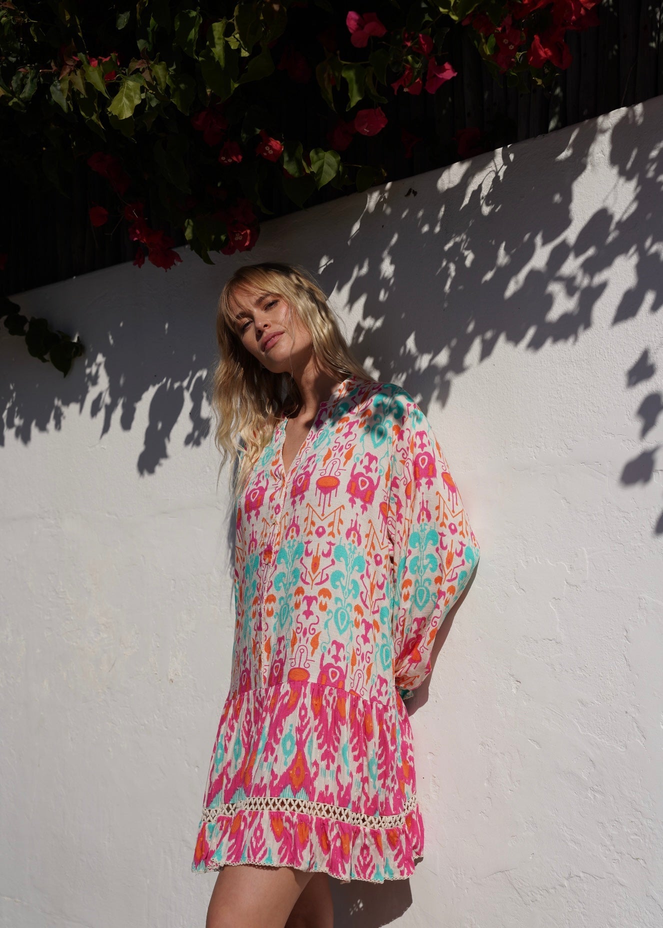 View our Zana Bright Pink And Turquoise Mini Dress With Mandarin Collar - by Tribute Store