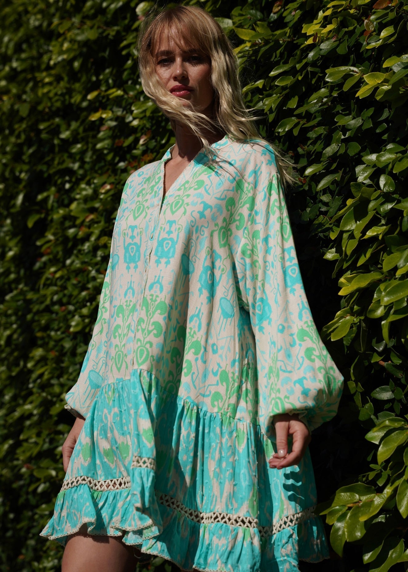 View our Zana Mini Dress With Mandarin Collar in Turquoise - by Tribute Store