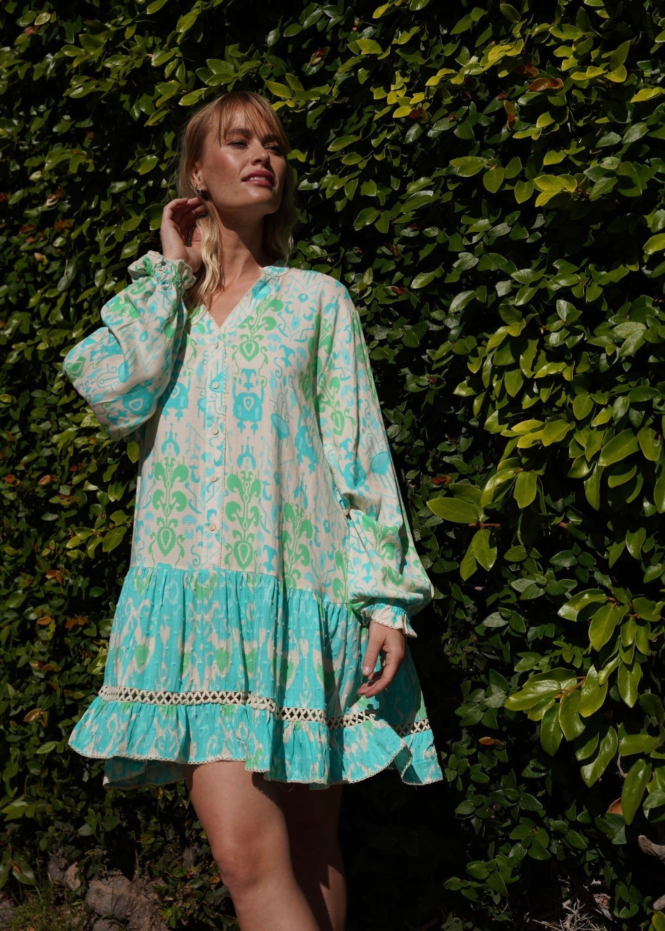 View our Zana Mini Dress With Mandarin Collar in Turquoise - by Tribute Store