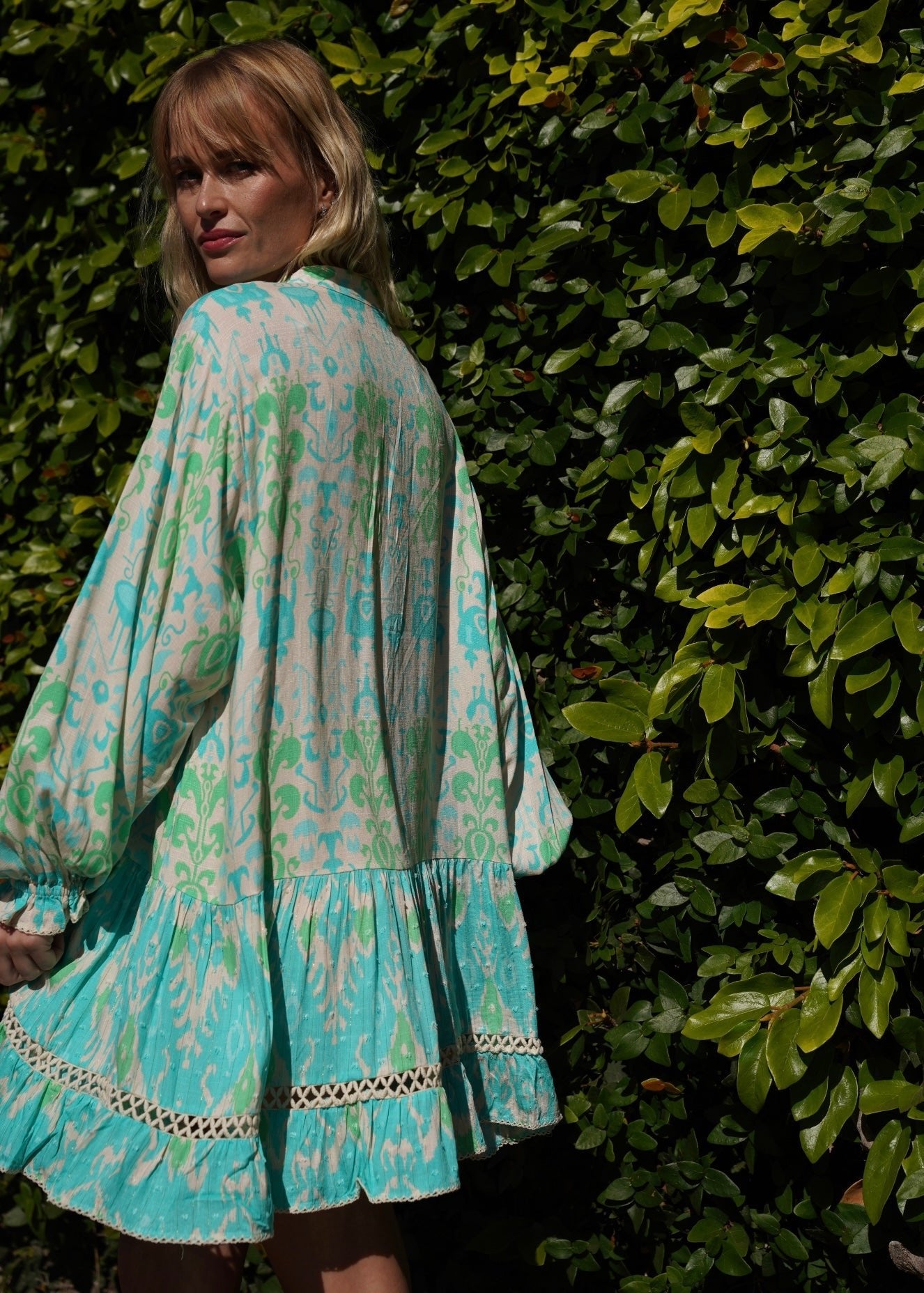 View our Zana Mini Dress With Mandarin Collar in Turquoise - by Tribute Store