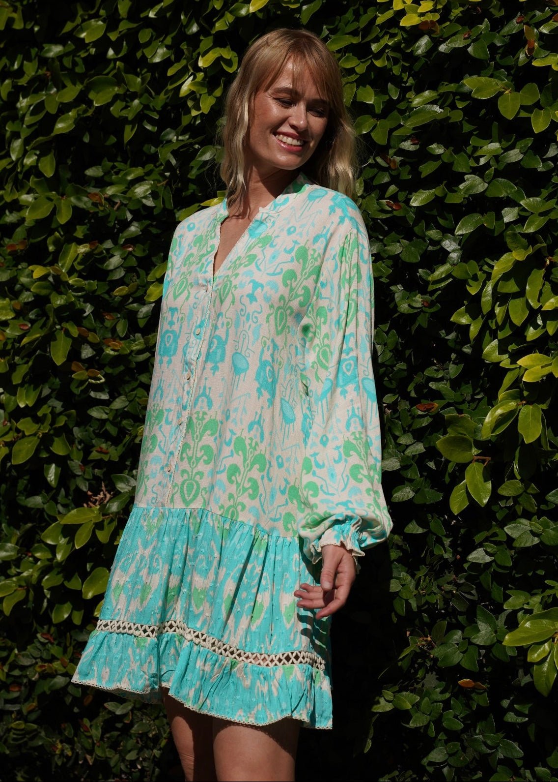 View our Zana Mini Dress With Mandarin Collar in Turquoise - by Tribute Store