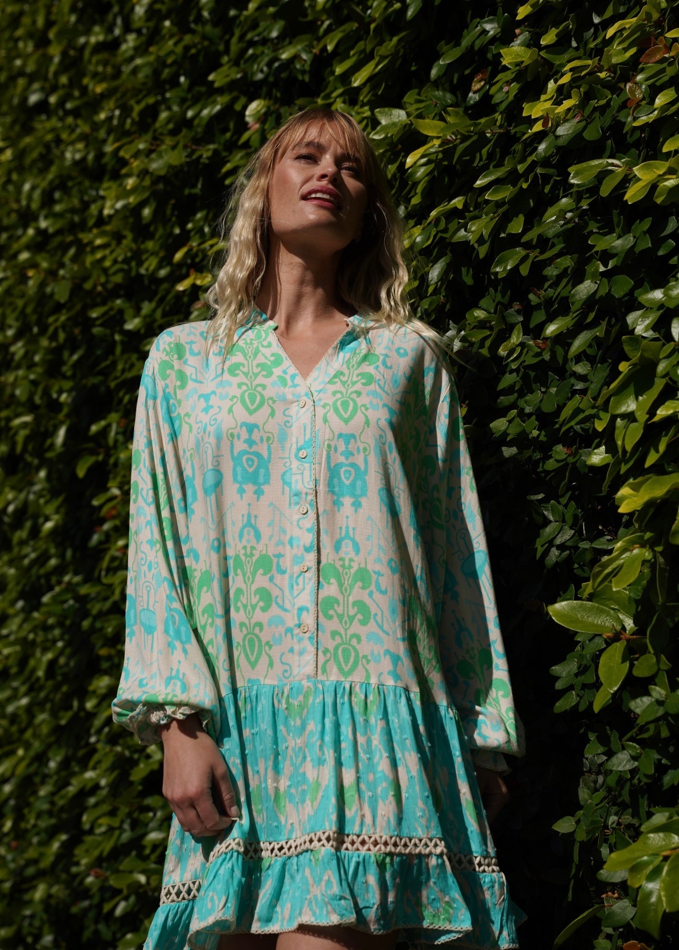 View our Zana Mini Dress With Mandarin Collar in Turquoise - by Tribute Store