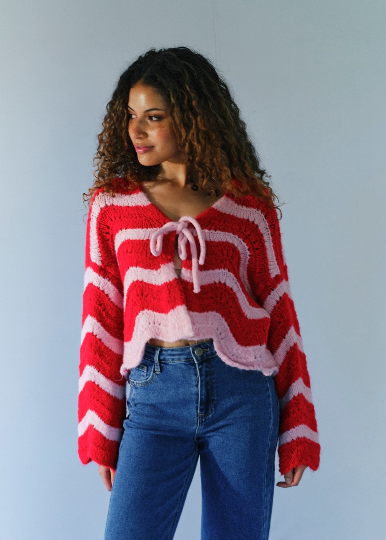 View our Zippora Cherry and Pink Wave Cardigan - by Tribute Store