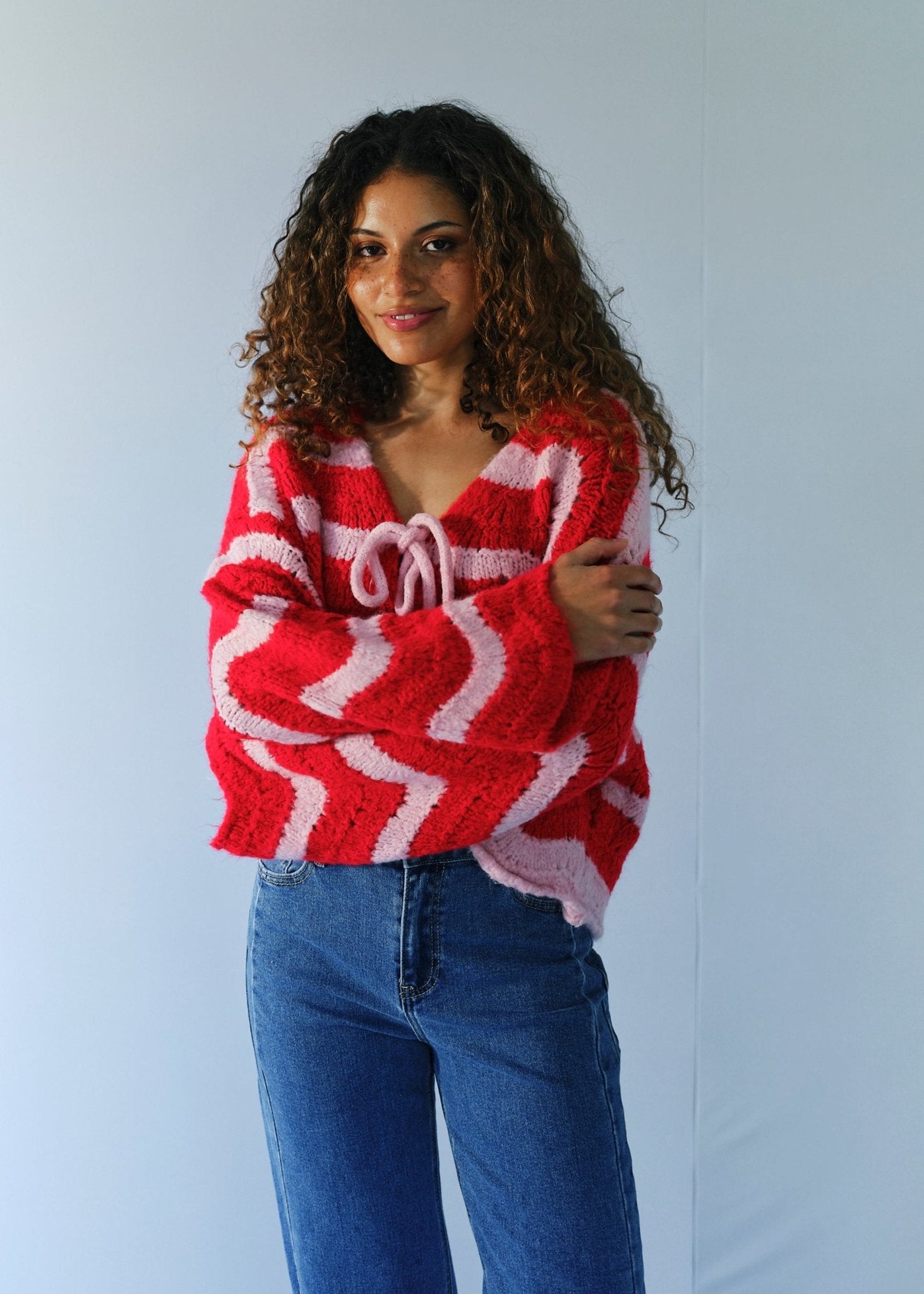 View our Zippora Cherry and Pink Wave Cardigan - by Tribute Store