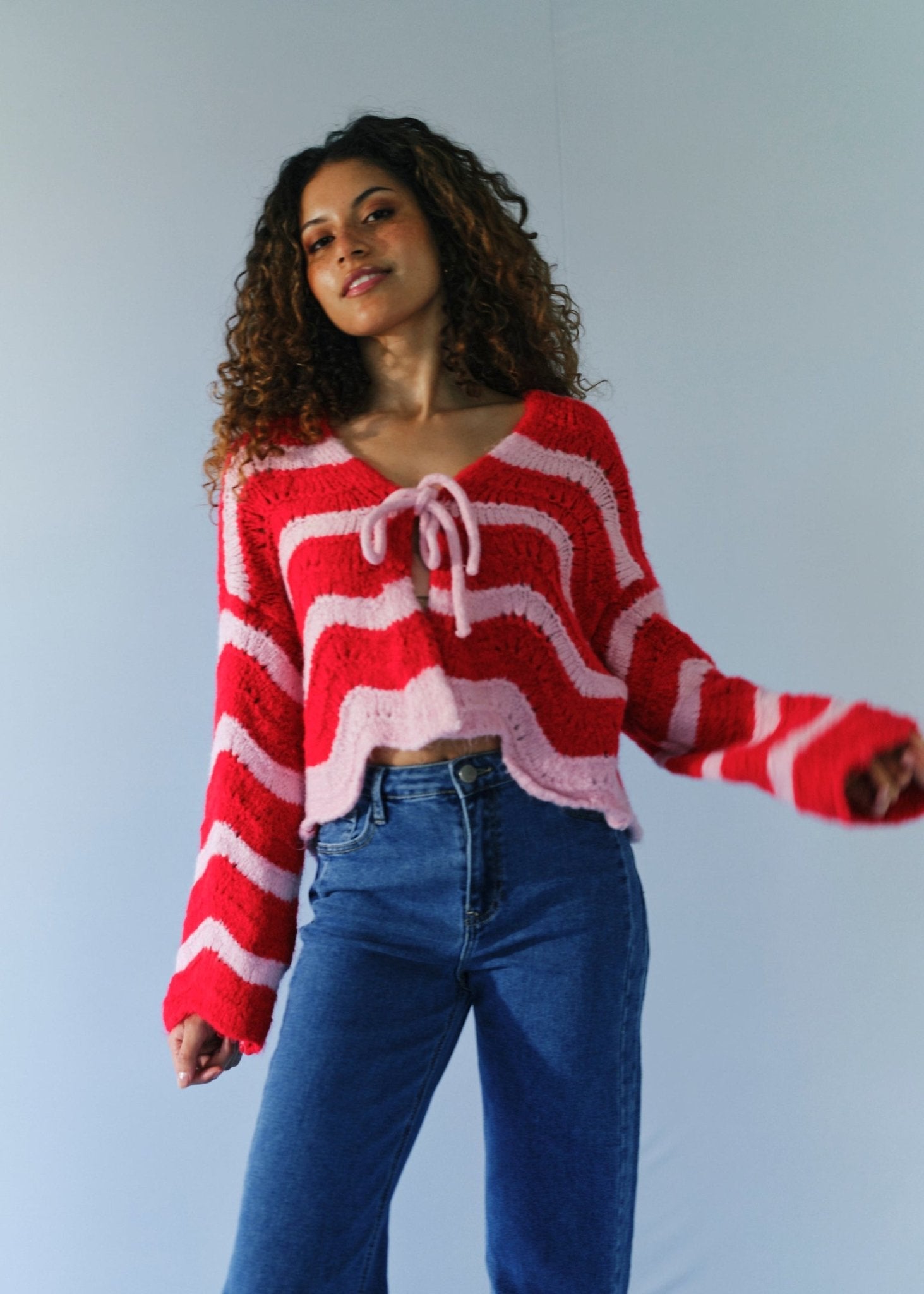 View our Zippora Cherry and Pink Wave Cardigan - by Tribute Store