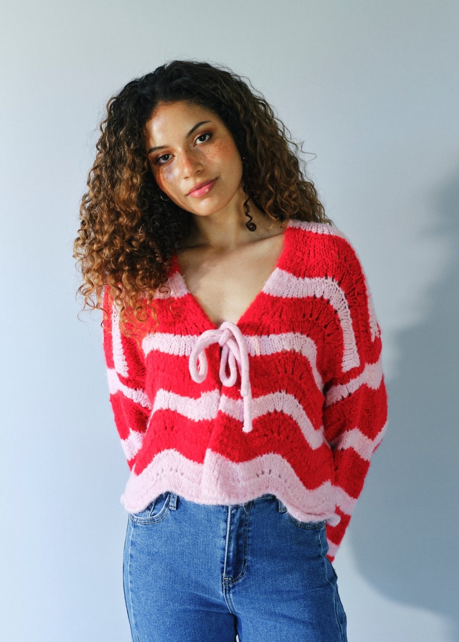 View our Zippora Cherry and Pink Wave Cardigan - by Tribute Store