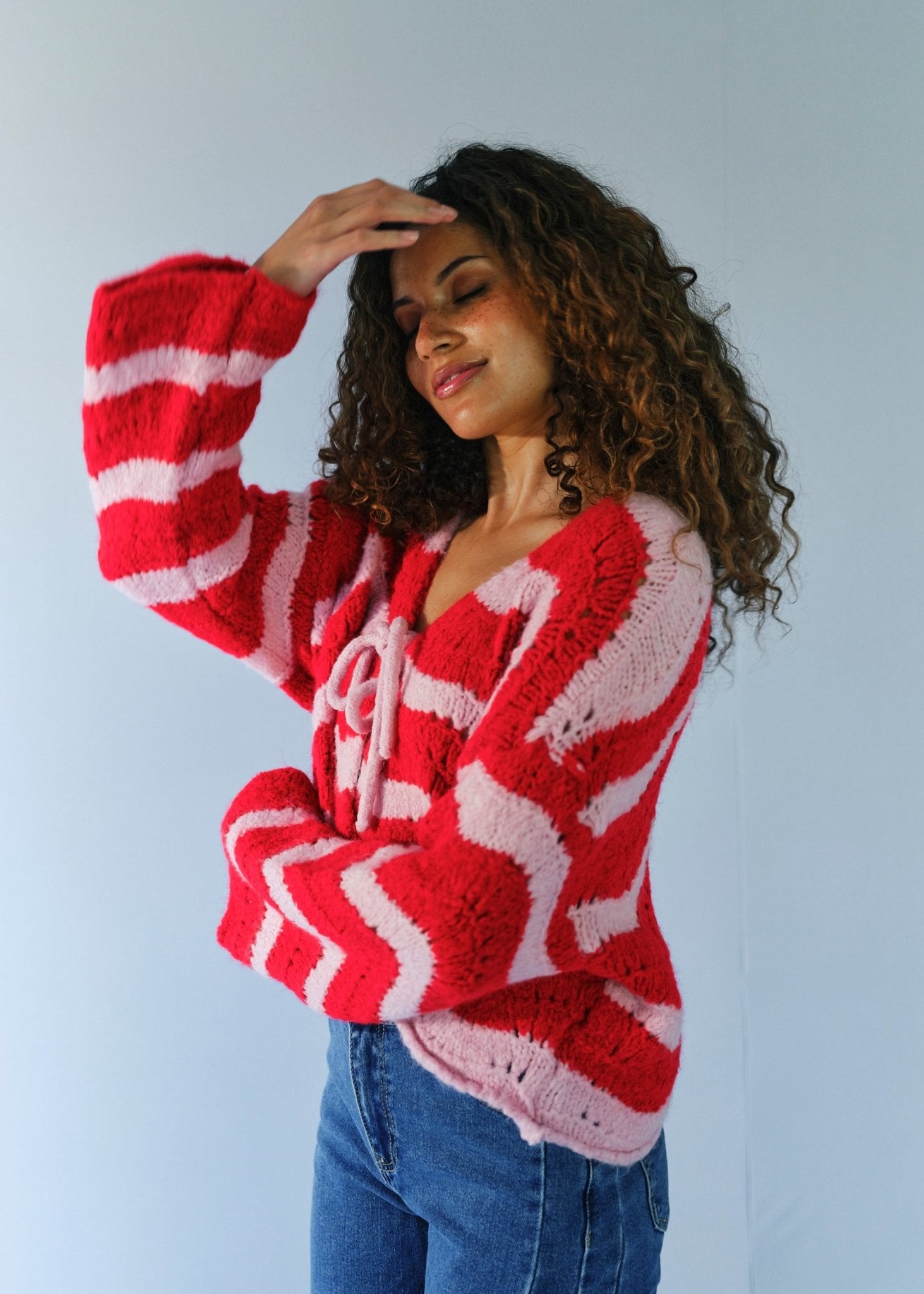 View our Zippora Cherry and Pink Wave Cardigan - by Tribute Store