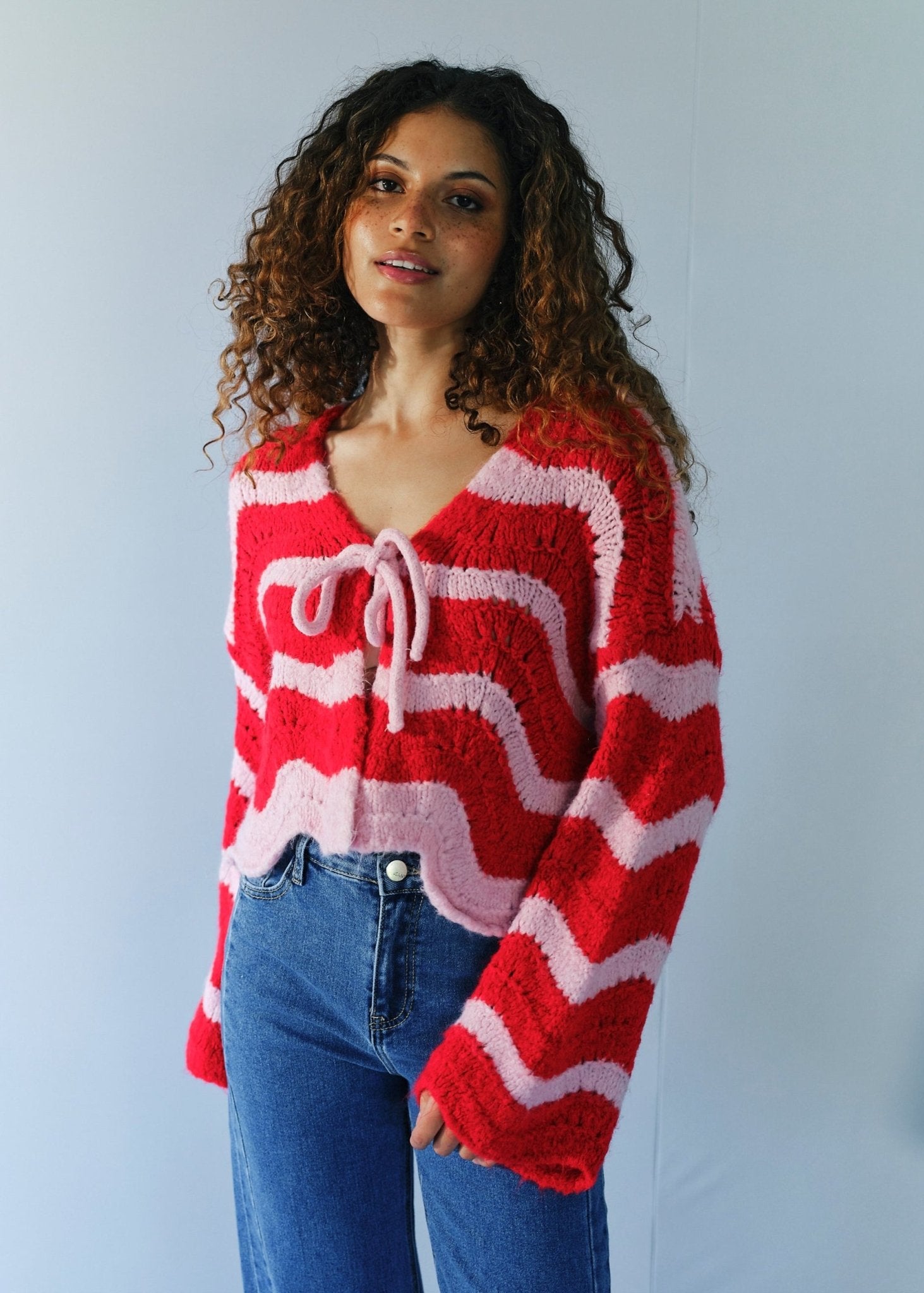 View our Zippora Cherry and Pink Wave Cardigan - by Tribute Store