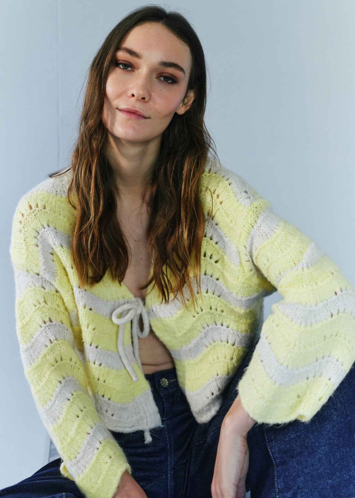 View our Zippora Lemon and Beige Wave Cardigan - by Tribute Store