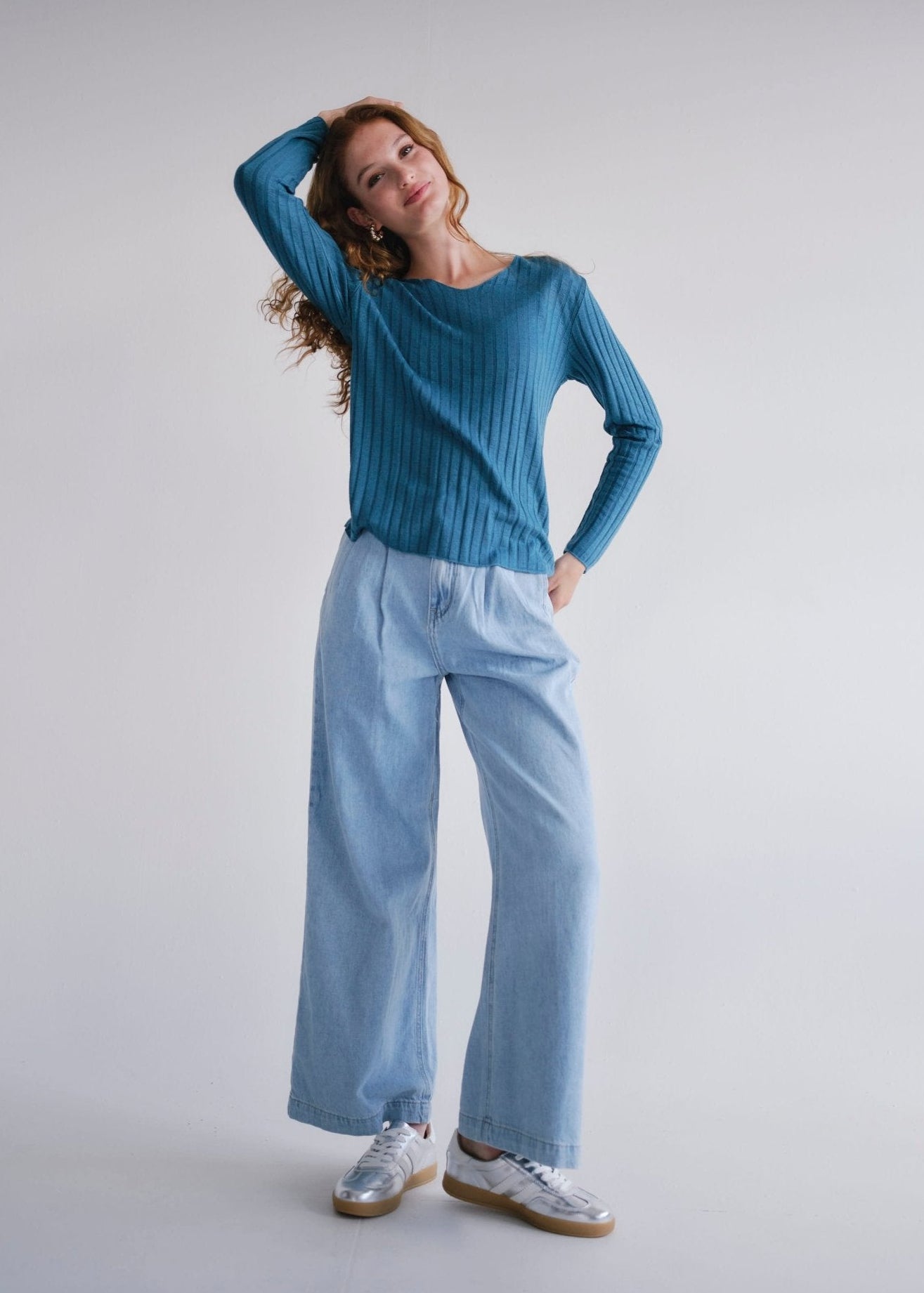 View our Zoe Palazzo Jeans with front Pleats in Blue - by Tribute Store