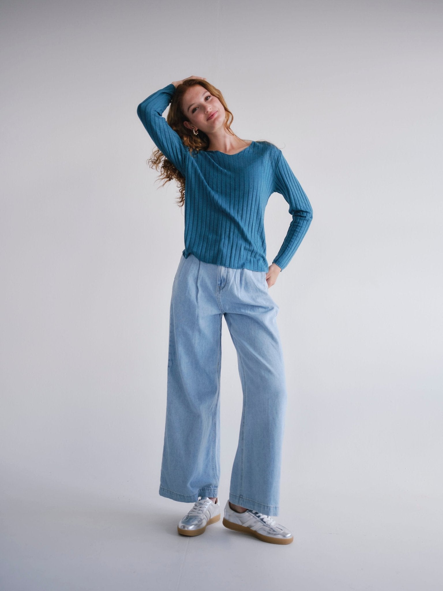 View our Zoe Palazzo Jeans with front Pleats in Blue - by Tribute Store