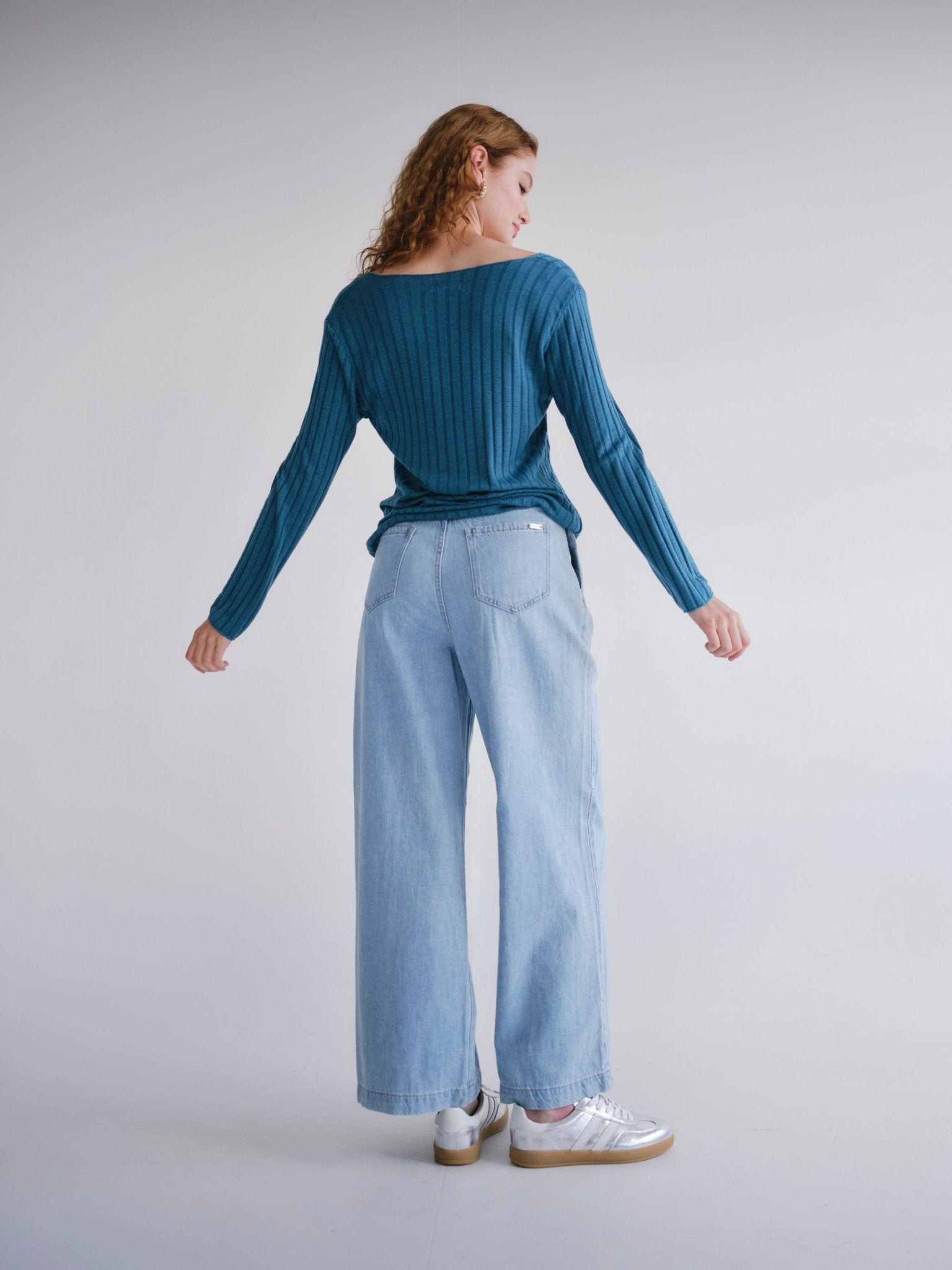 View our Zoe Palazzo Jeans with front Pleats in Blue - by Tribute Store