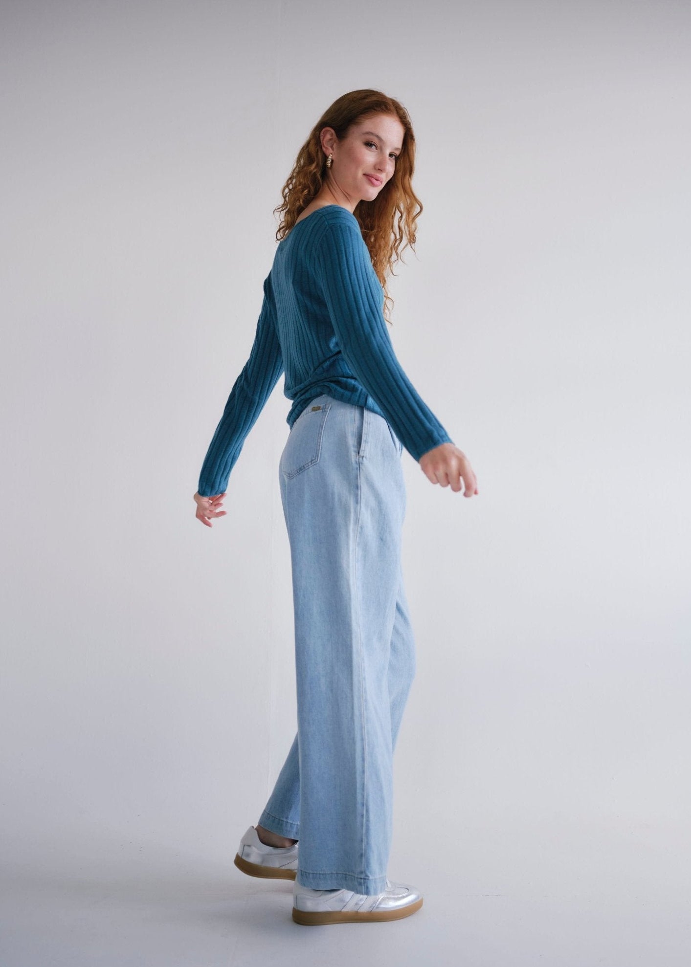 View our Zoe Palazzo Jeans with front Pleats in Blue - by Tribute Store