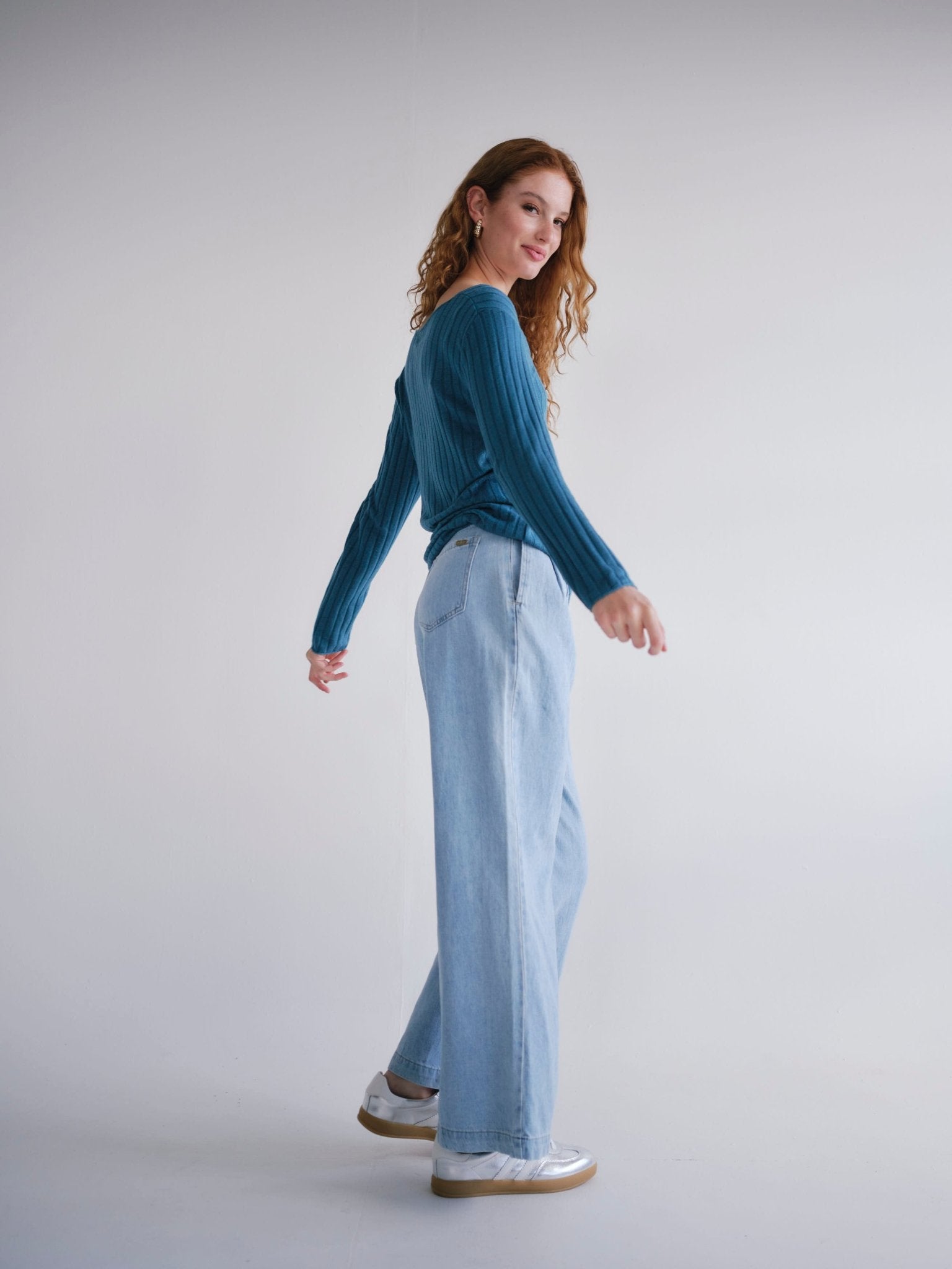 View our Zoe Palazzo Jeans with front Pleats in Blue - by Tribute Store