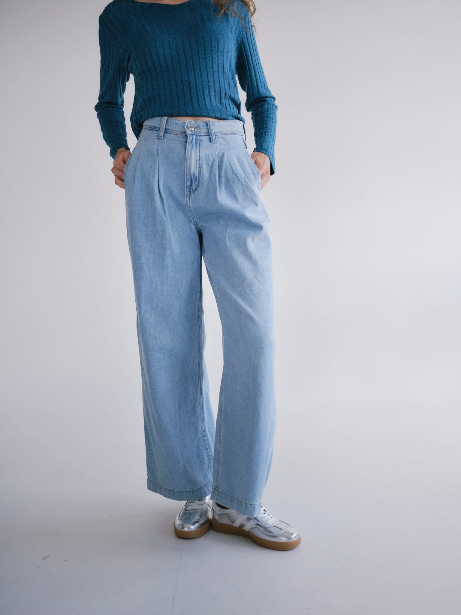View our Zoe Palazzo Jeans with front Pleats in Blue - by Tribute Store