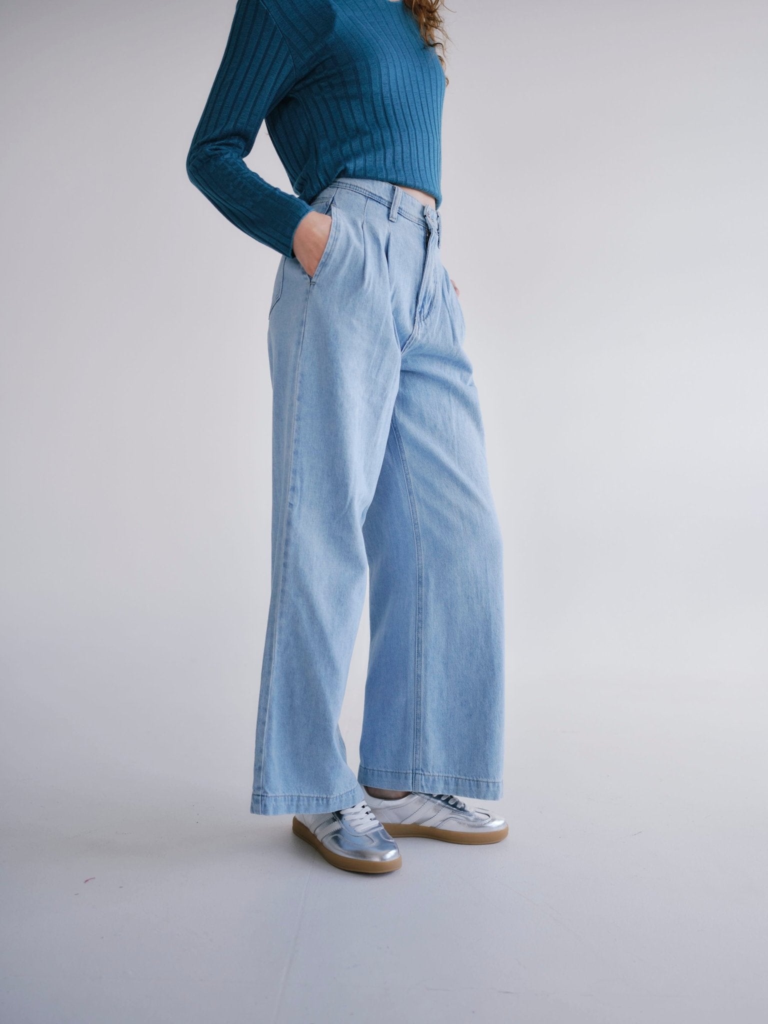 View our Zoe Palazzo Jeans with front Pleats in Blue - by Tribute Store