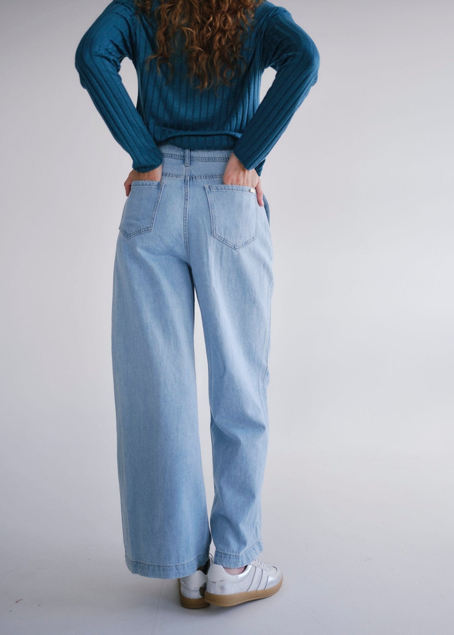View our Zoe Palazzo Jeans with front Pleats in Blue - by Tribute Store