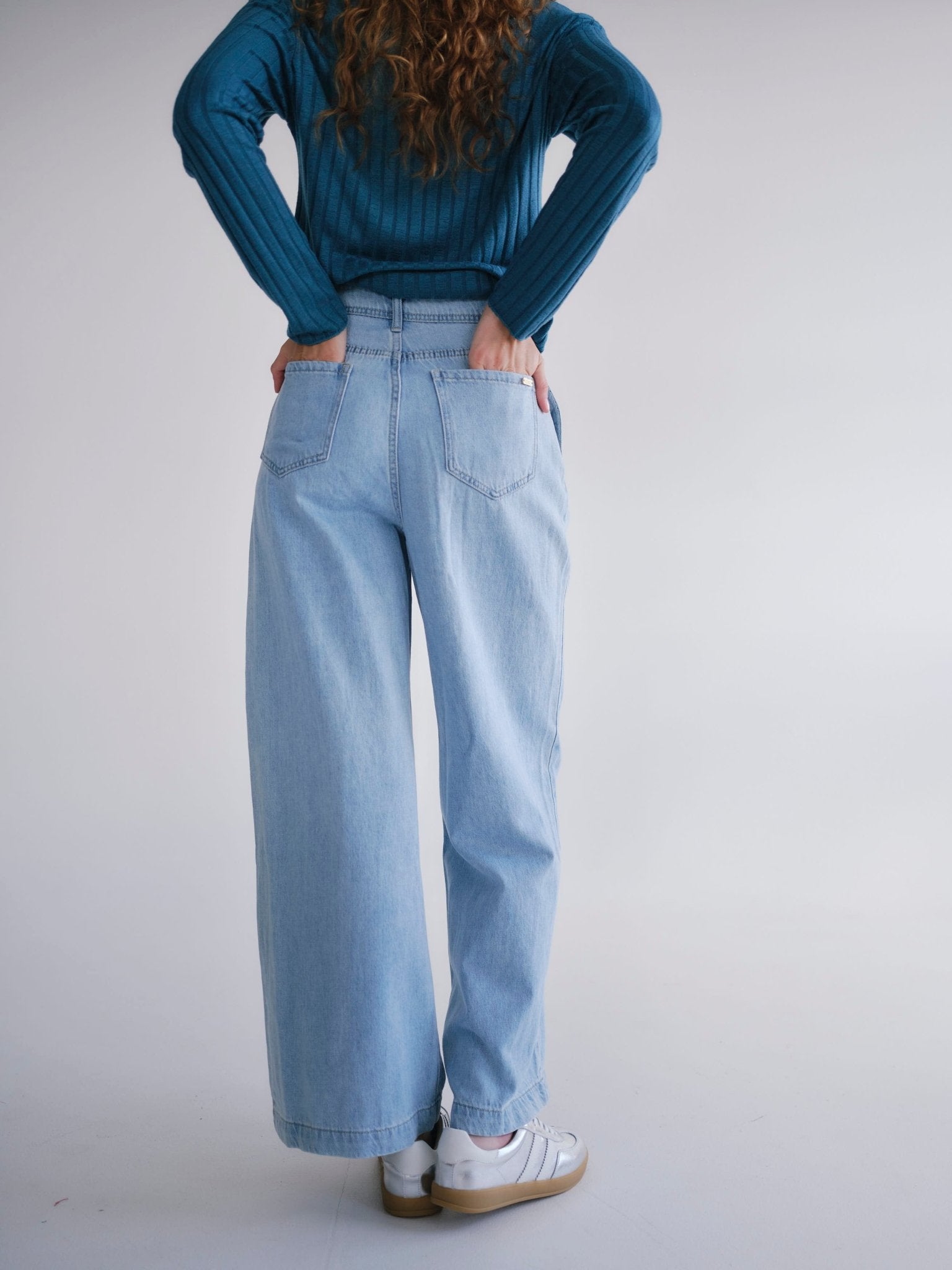 View our Zoe Palazzo Jeans with front Pleats in Blue - by Tribute Store