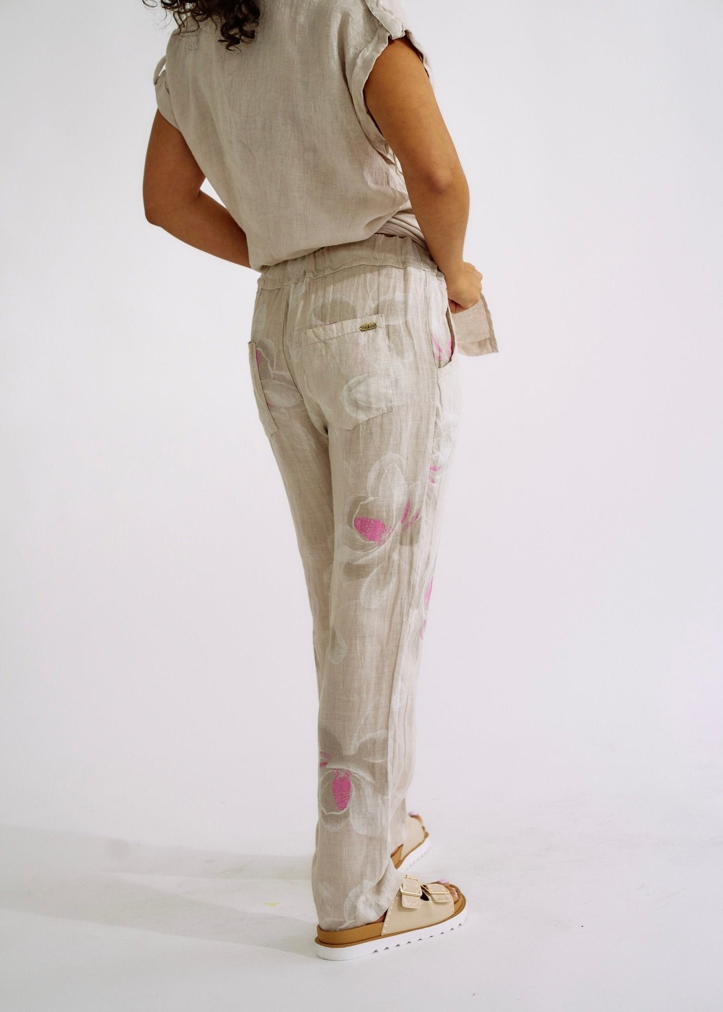 Pure Linen Italian Floral Printed Joggers BeigeBOTTOMS - Tribute Store