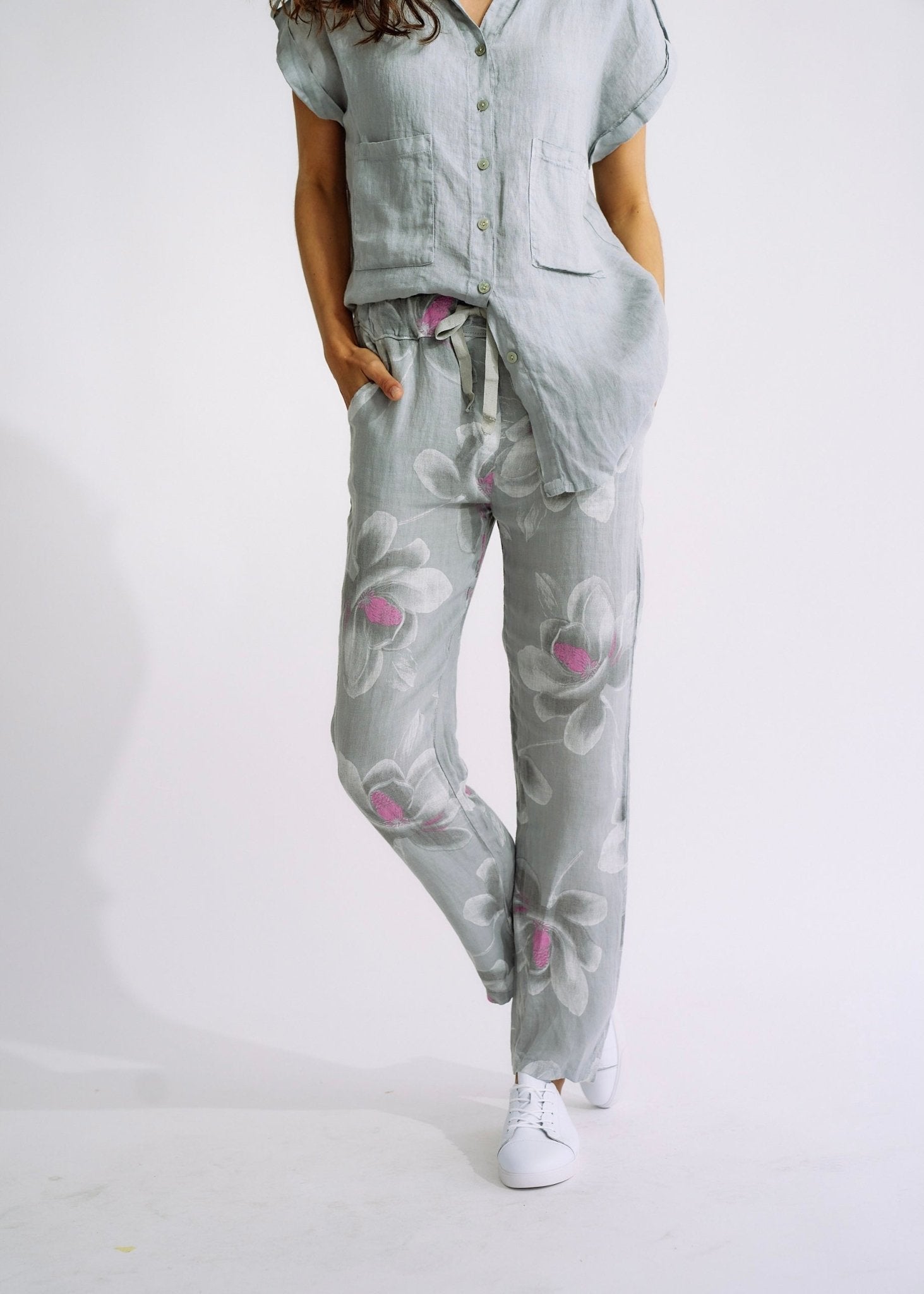 Pure Linen Italian Floral Printed Joggers in Pearl GreyBOTTOMS - Tribute Store