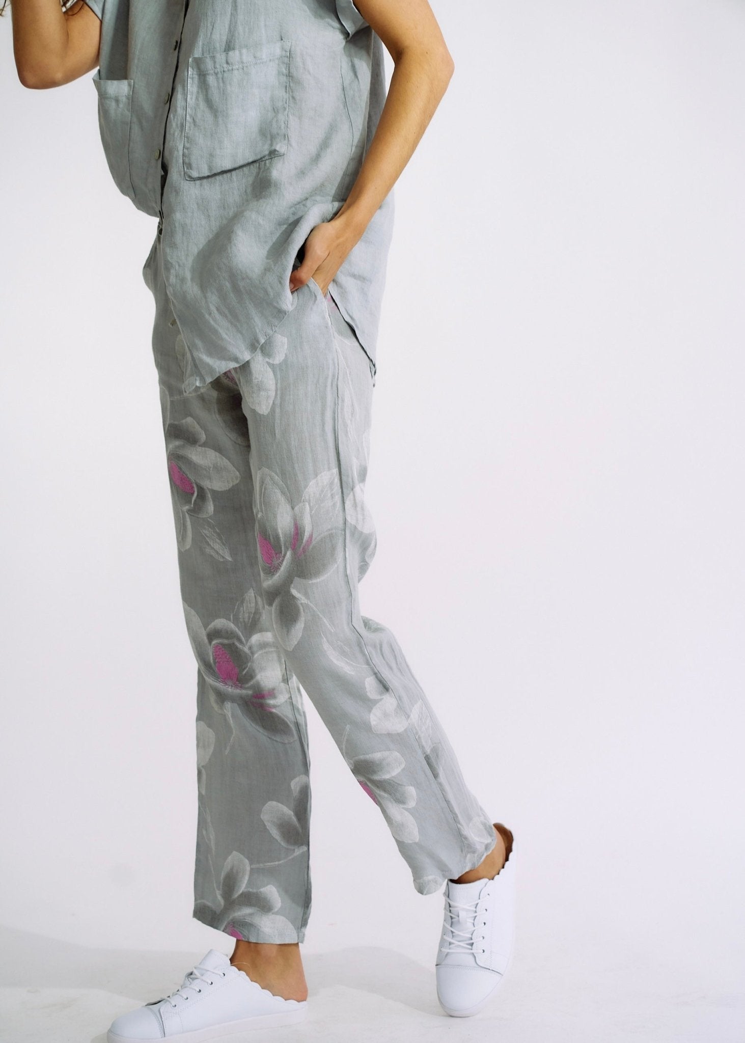 Pure Linen Italian Floral Printed Joggers in Pearl GreyBOTTOMS - Tribute Store