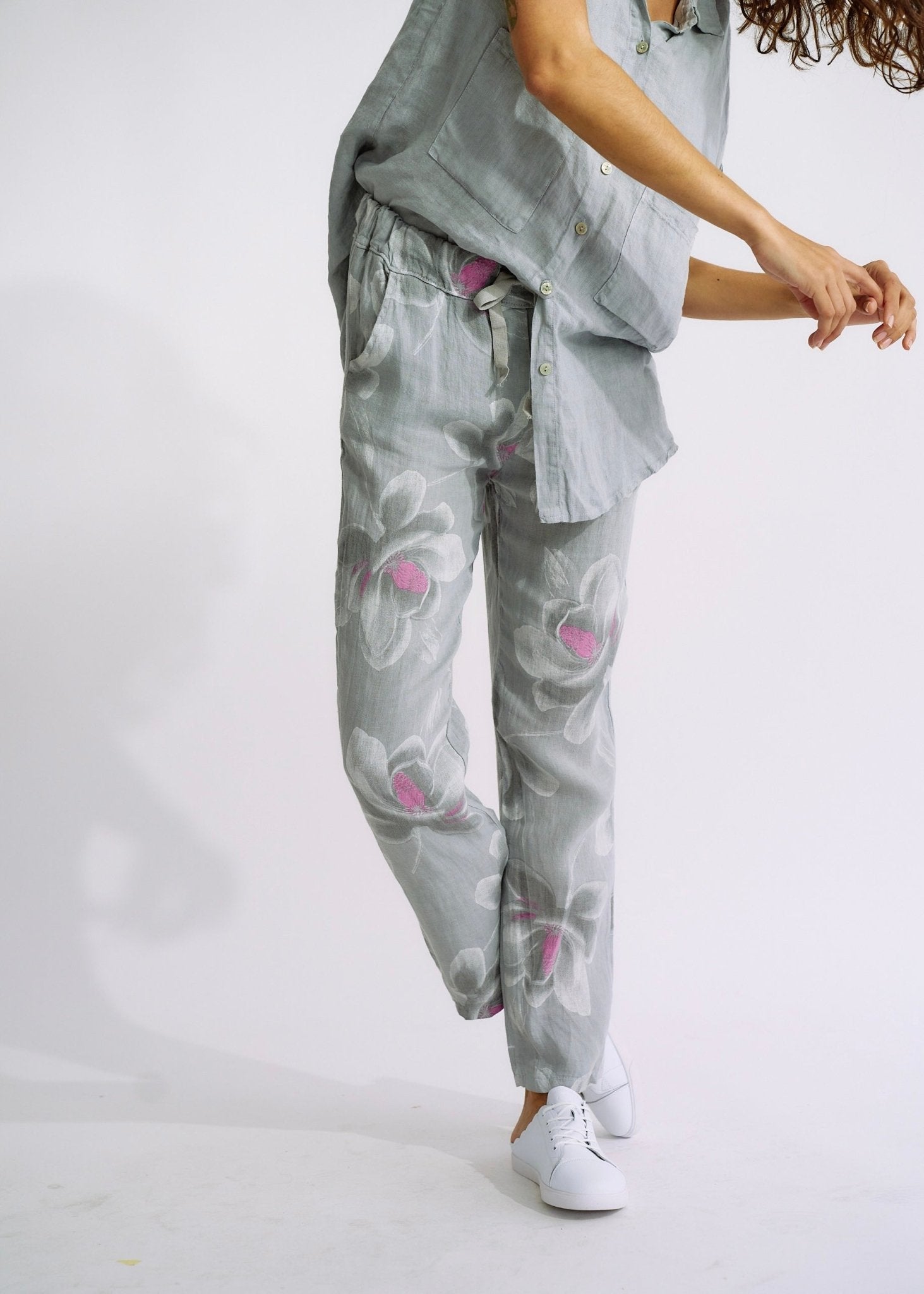 Pure Linen Italian Floral Printed Joggers in Pearl GreyBOTTOMS - Tribute Store