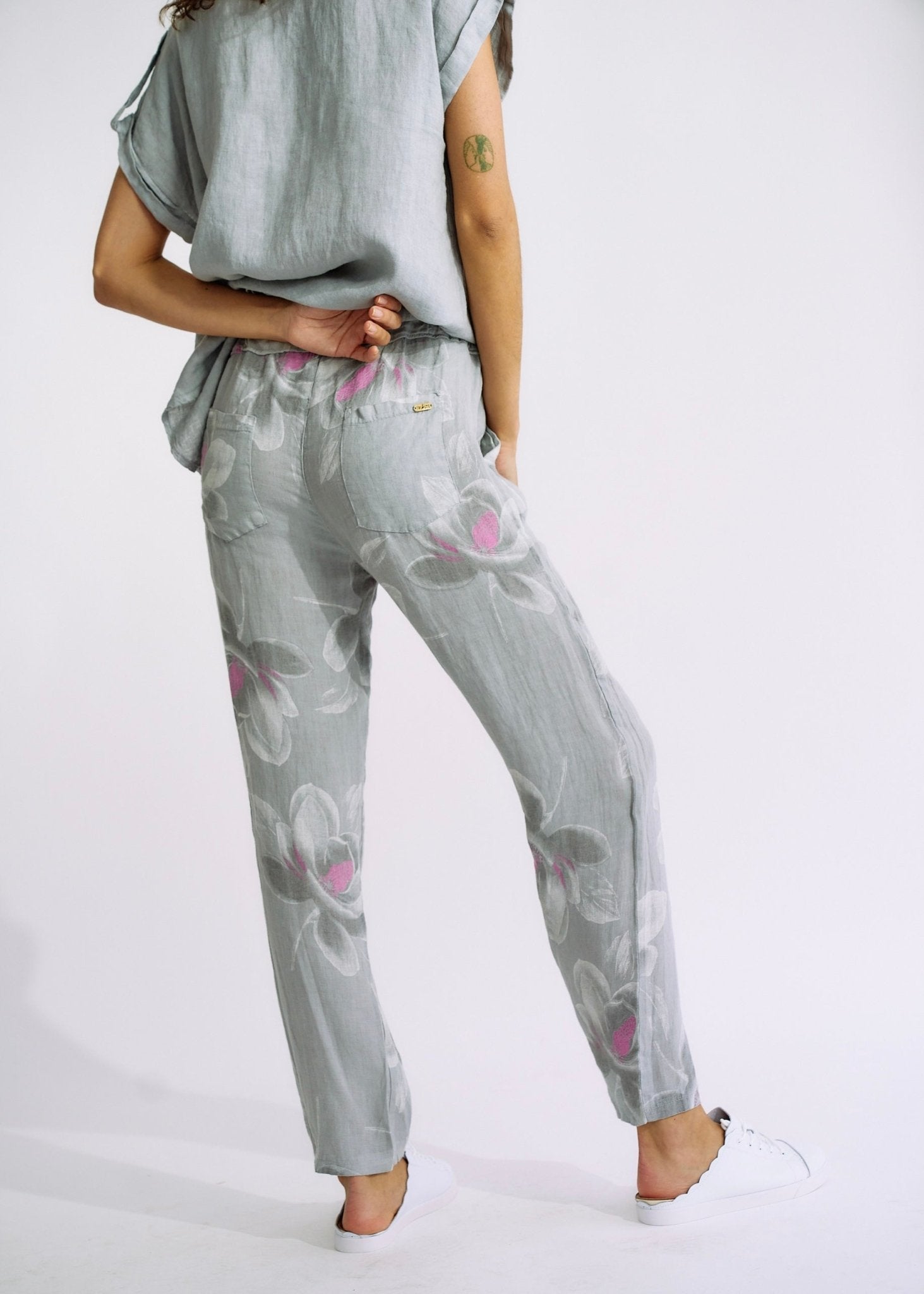 Pure Linen Italian Floral Printed Joggers in Pearl GreyBOTTOMS - Tribute Store