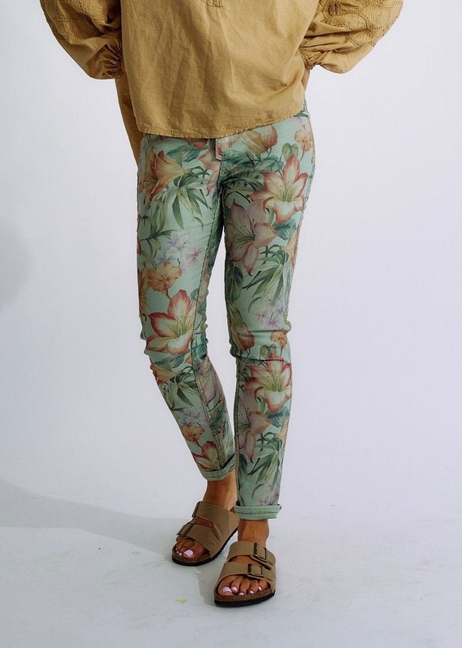 Reversible Jeans with Hibiscus Print in KhakiBOTTOMS - Tribute Store