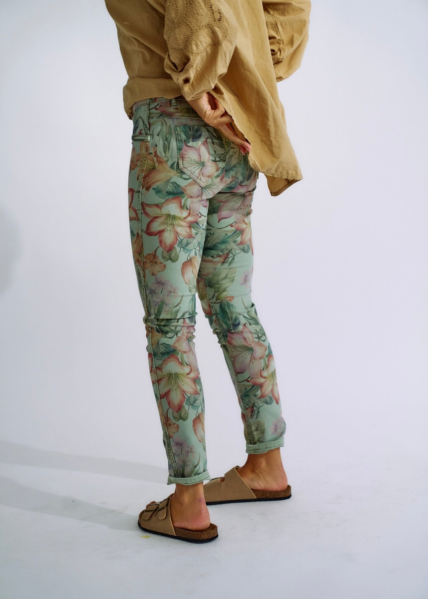 Reversible Jeans with Hibiscus Print in KhakiBOTTOMS - Tribute Store