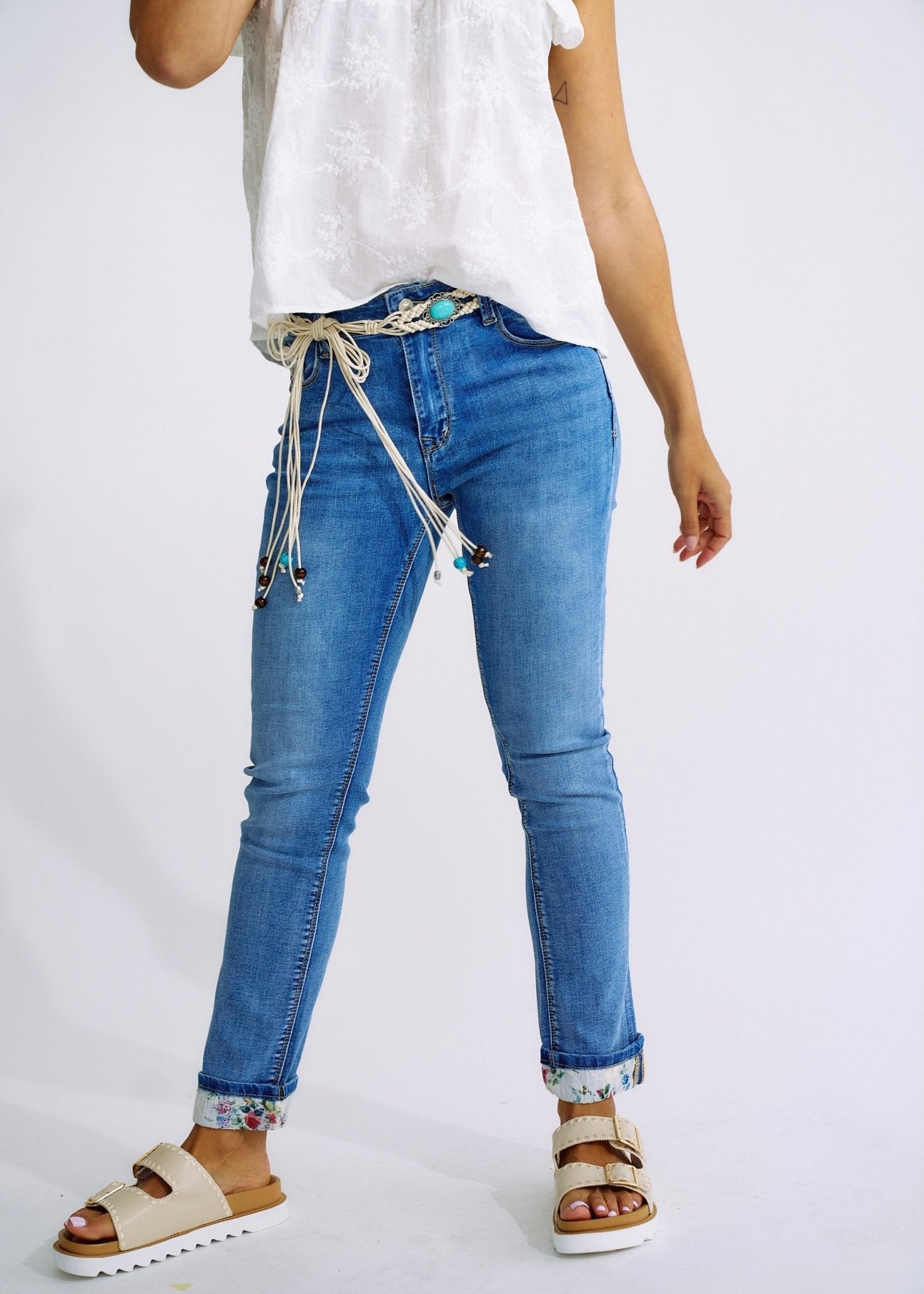 Straight Leg Jeans with Macrame Belt and Floral Hemline in BlueBOTTOMS - Tribute Store