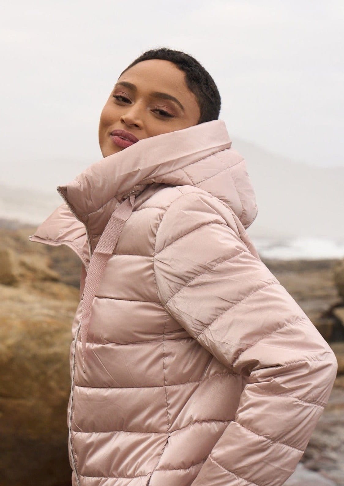 Pink metallic puffer outlet jacket