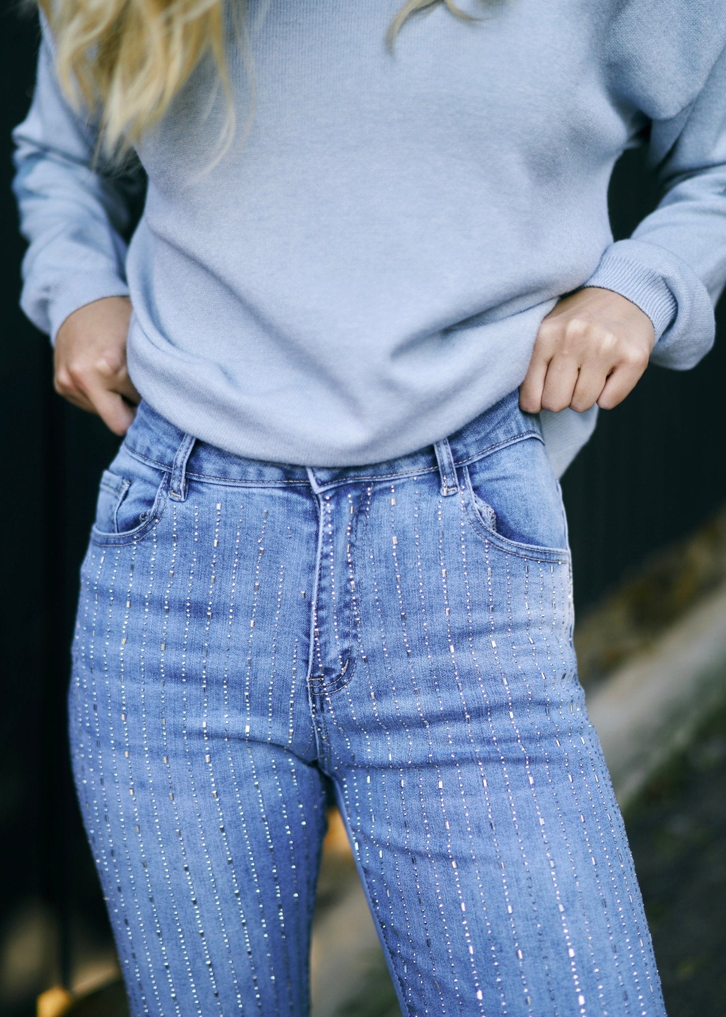 Wide Leg Jeans with Sequin Embellishment in Blue - Tribute StoreTRIBUTE