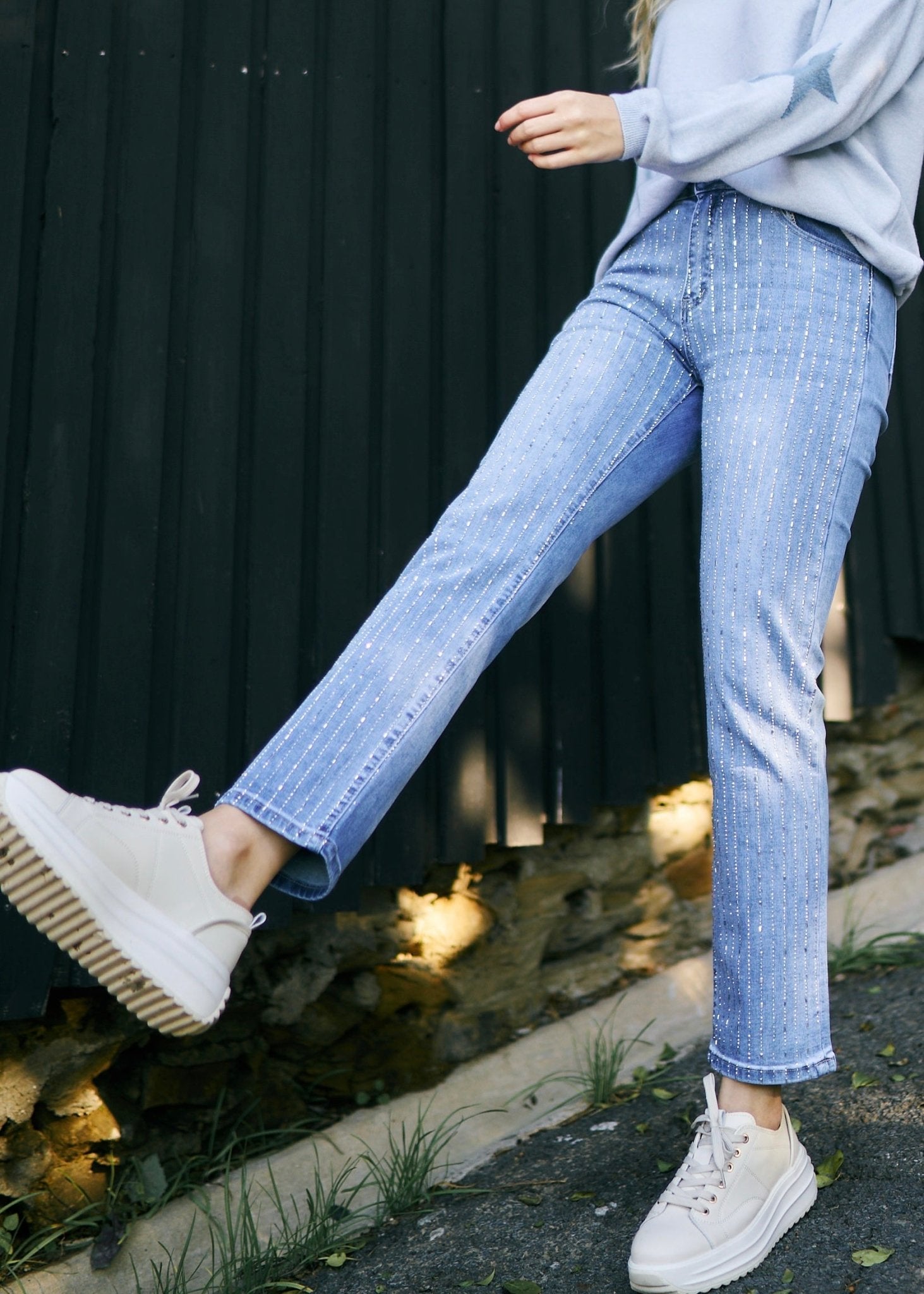 Wide Leg Jeans with Sequin Embellishment in Blue - Tribute StoreTRIBUTE