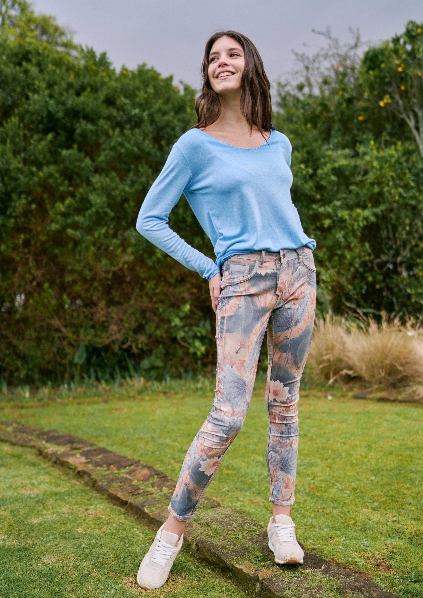 Airbrushed Floral Reversible Print Jeans in Light Taupe - Tribute StoreTRIBUTE