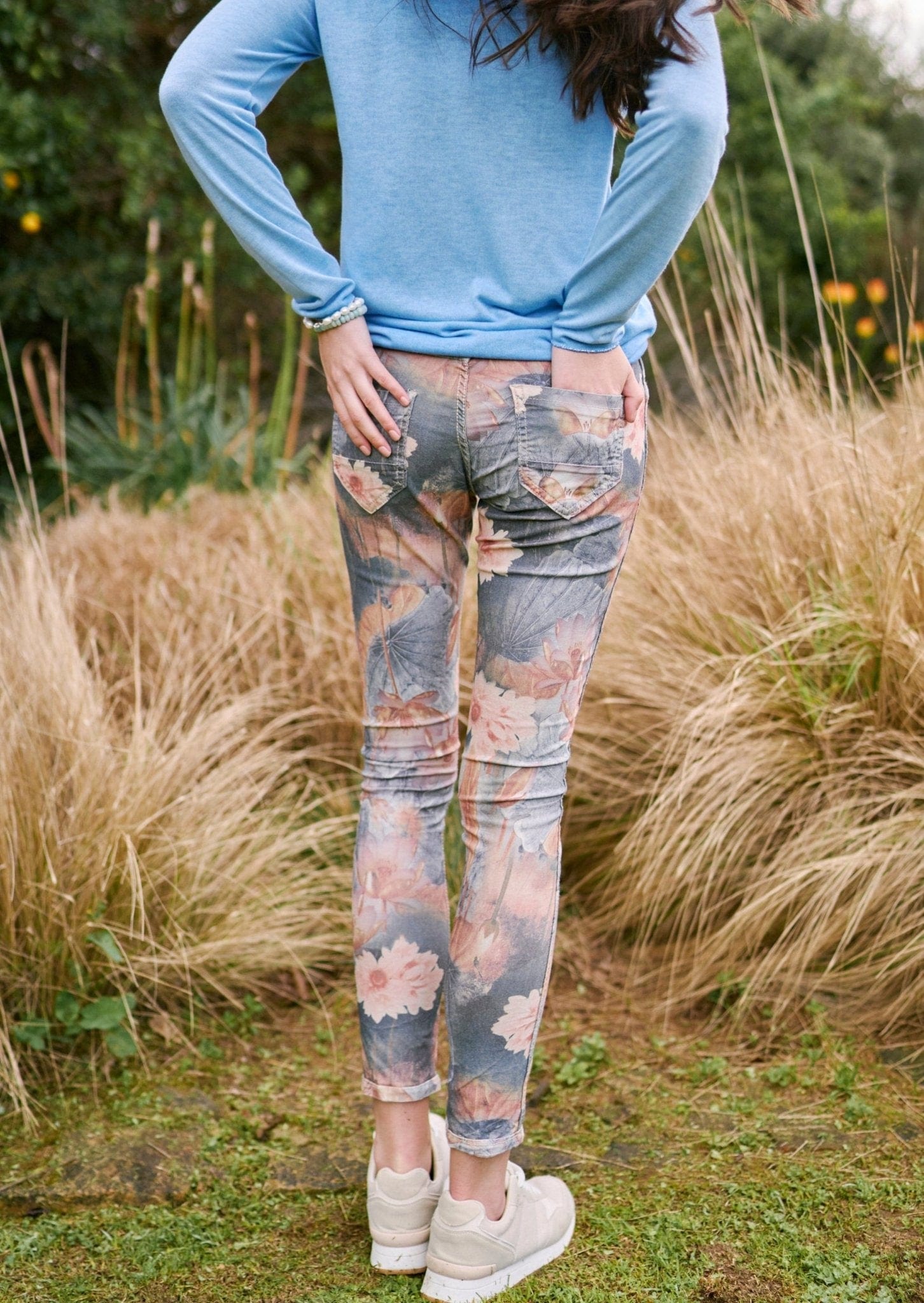 Airbrushed Floral Reversible Print Jeans in Light Taupe - Tribute StoreTRIBUTE