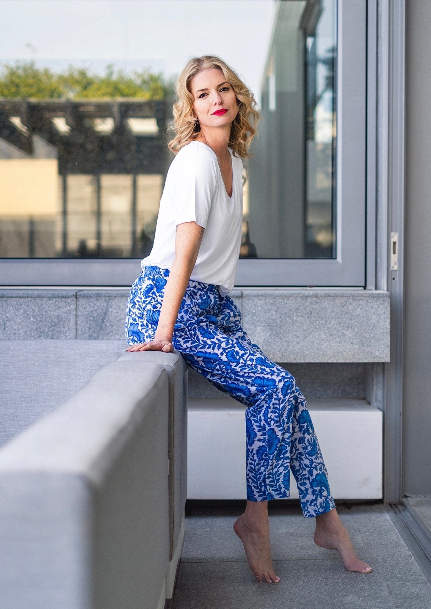 Blue And White Leaf Print Pants - Tribute StoreICONIC