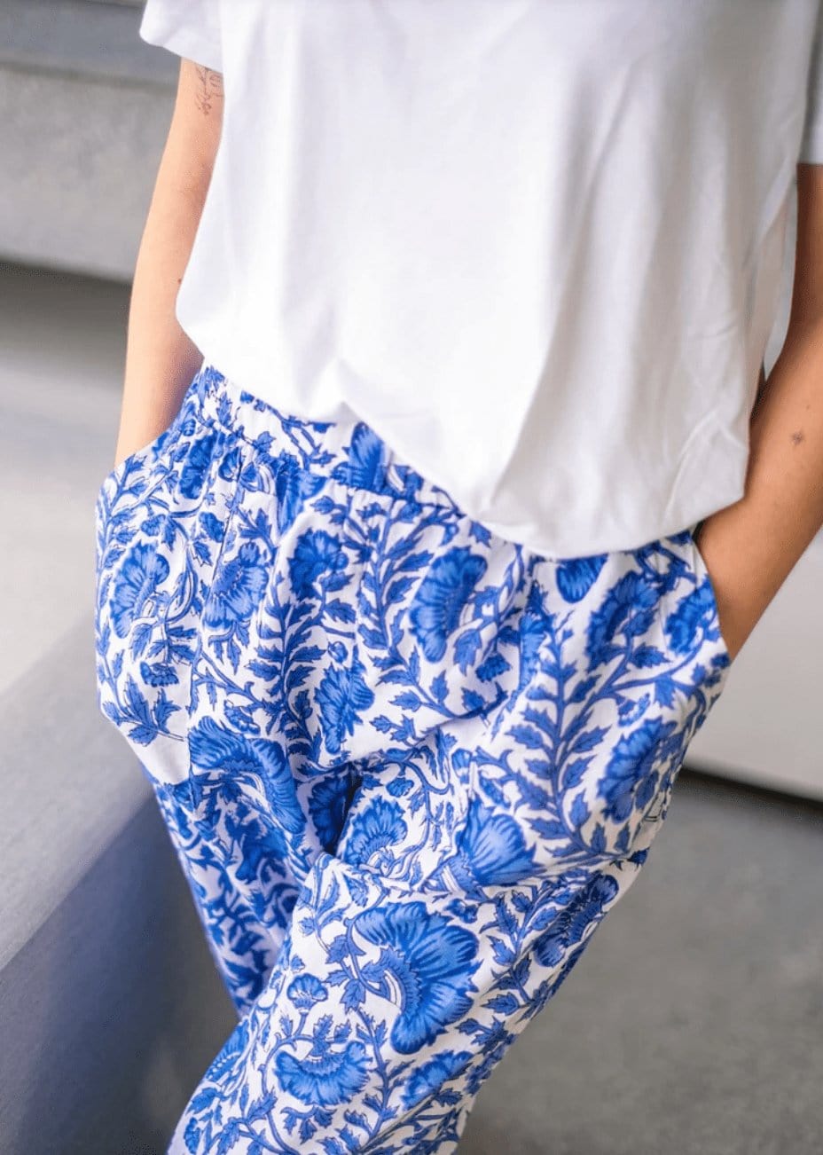Blue And White Leaf Print Pants - Tribute StoreICONIC