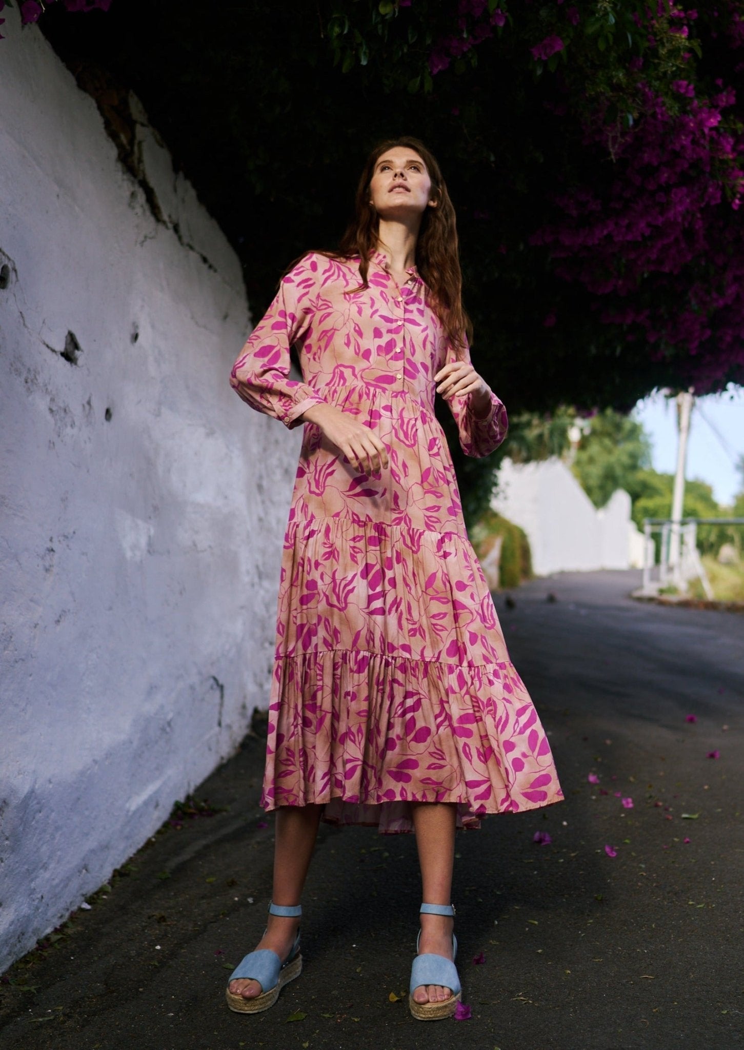 Bohemian Shirt Dress in Rose and Magenta Leaf Print - Tribute StoreTRIBUTE