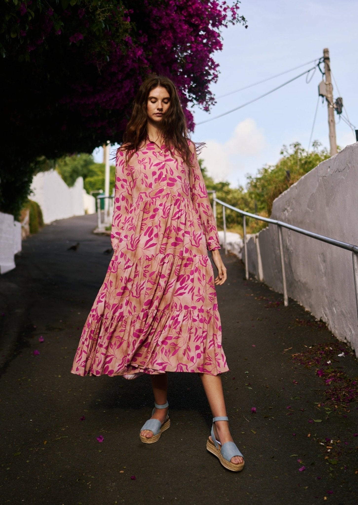 Bohemian Shirt Dress in Rose and Magenta Leaf Print - Tribute StoreTRIBUTE