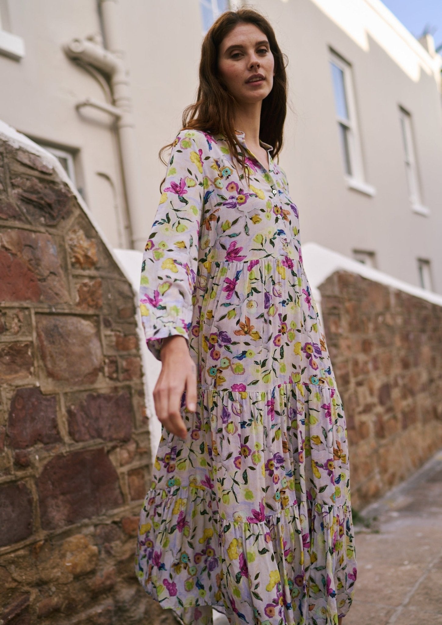 Bohemian Shirt Dress with Yellow and Lilac Floral Print - DRESSES ...