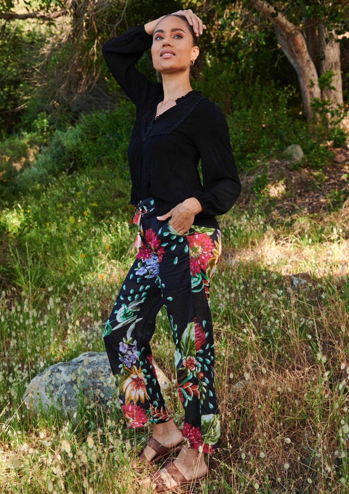 Bright Floral Wide Leg Pants In Black And Red - Tribute StoreTRIBUTE